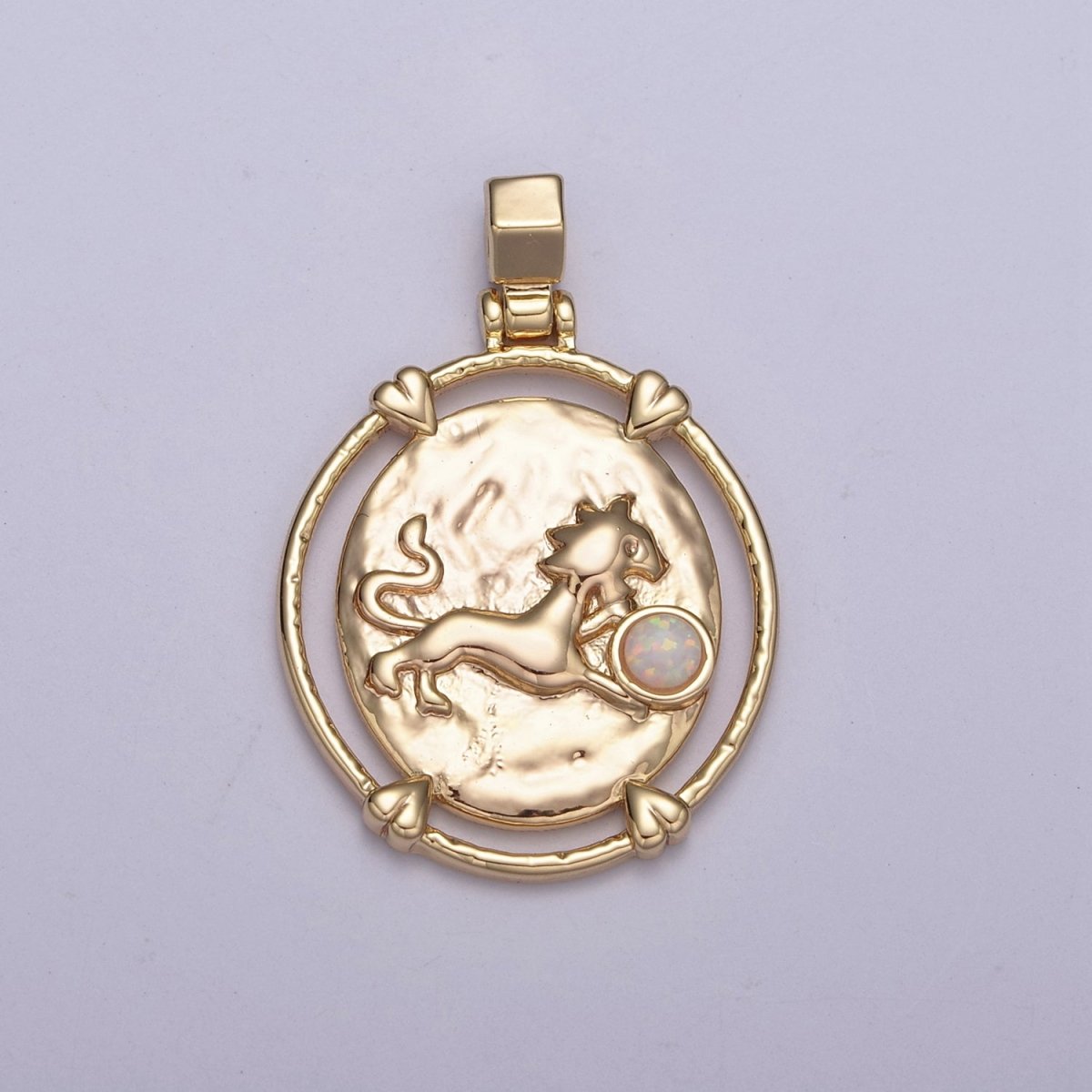 16K Gold Filled White Opal Zodiac Horoscope Heart Edge  Oval Medallion Pendant | A-A1869-A-A1874