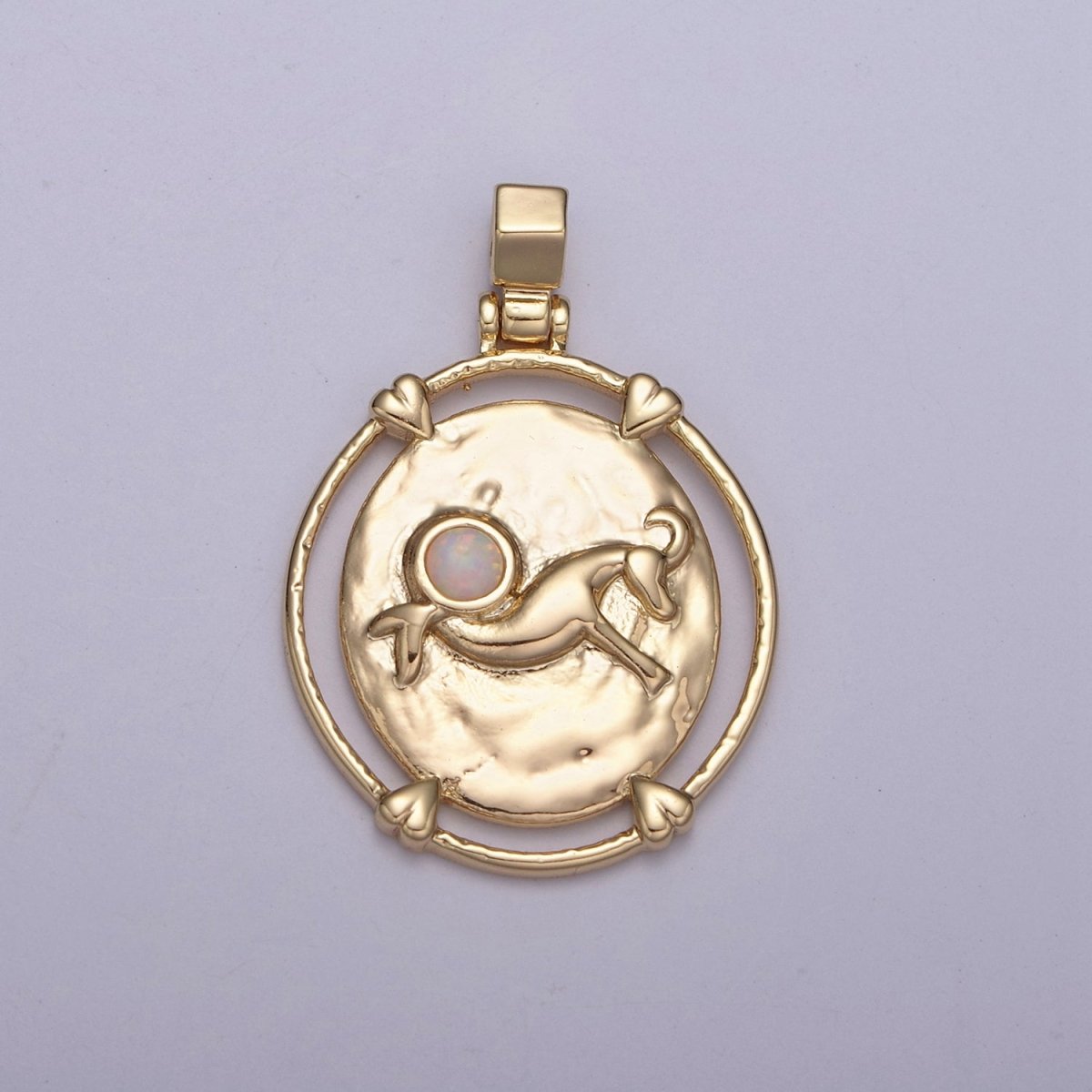 16K Gold Filled White Opal Zodiac Horoscope Heart Edge  Oval Medallion Pendant | A-A1869-A-A1874