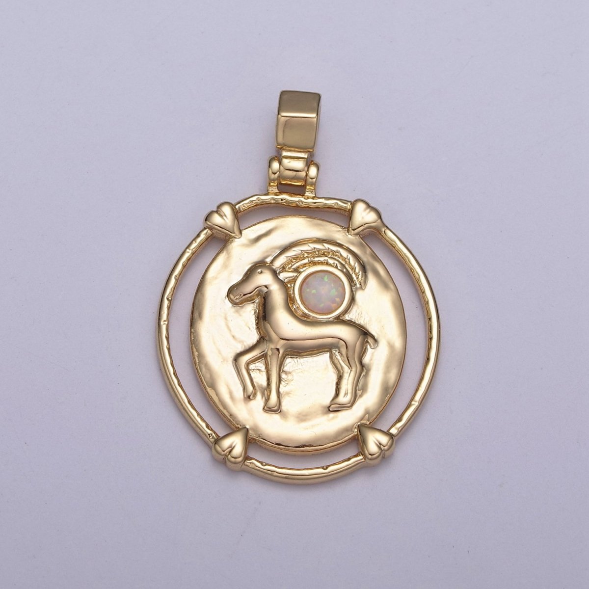 16K Gold Filled White Opal Zodiac Horoscope Heart Edge  Oval Medallion Pendant | A-A1869-A-A1874