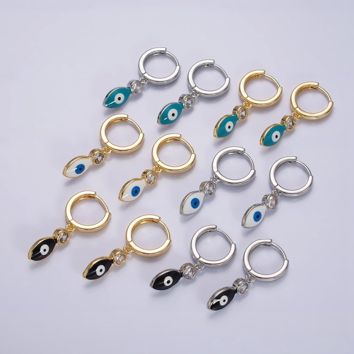 16K Gold Filled White, Teal, Black Enamel Evil Eye Drop Huggie Hoop Earrings in Gold & Silver | AD-363~AD-368