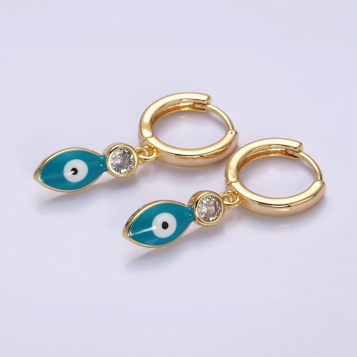 16K Gold Filled White, Teal, Black Enamel Evil Eye Drop Huggie Hoop Earrings in Gold & Silver | AD-363~AD-368