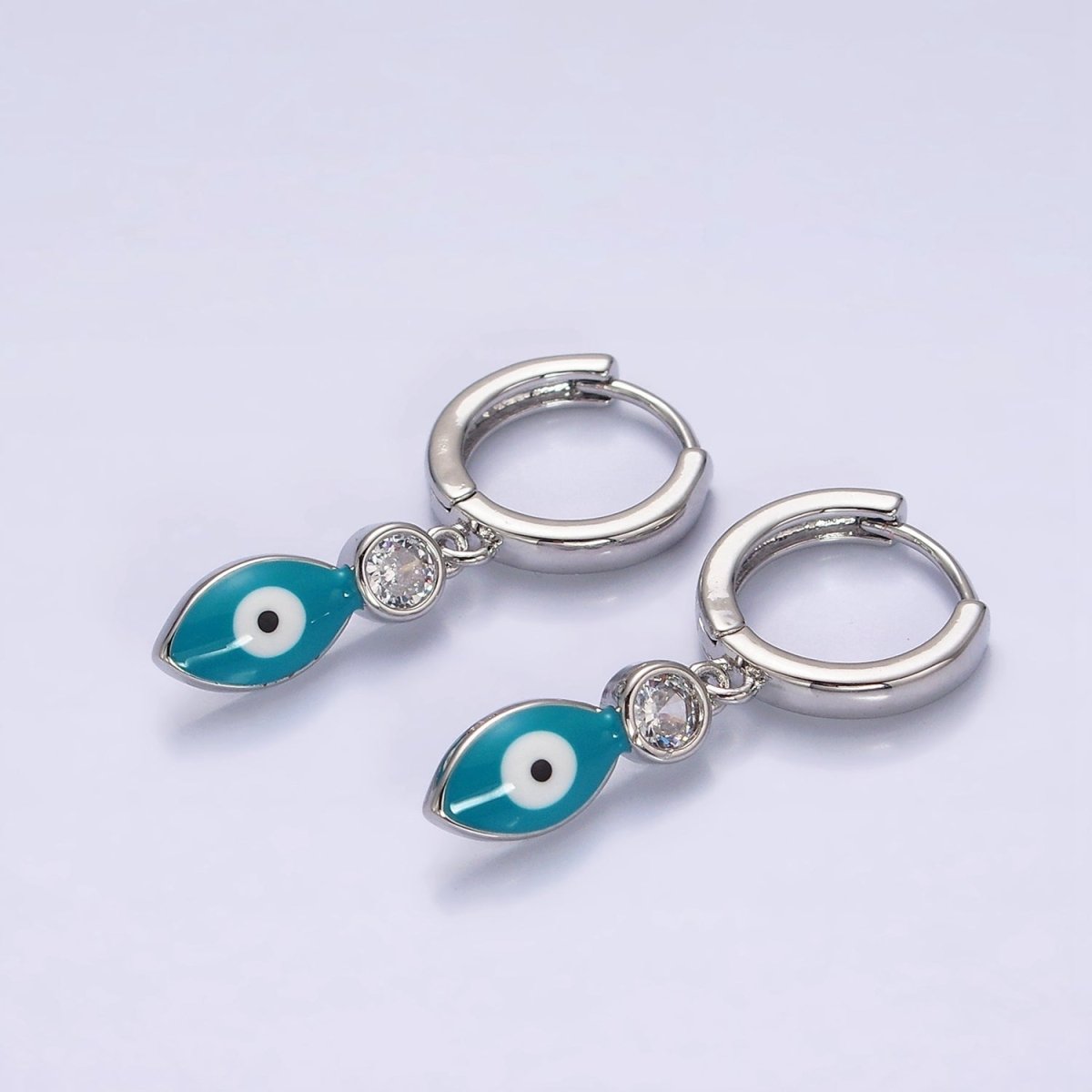 16K Gold Filled White, Teal, Black Enamel Evil Eye Drop Huggie Hoop Earrings in Gold & Silver | AD-363~AD-368