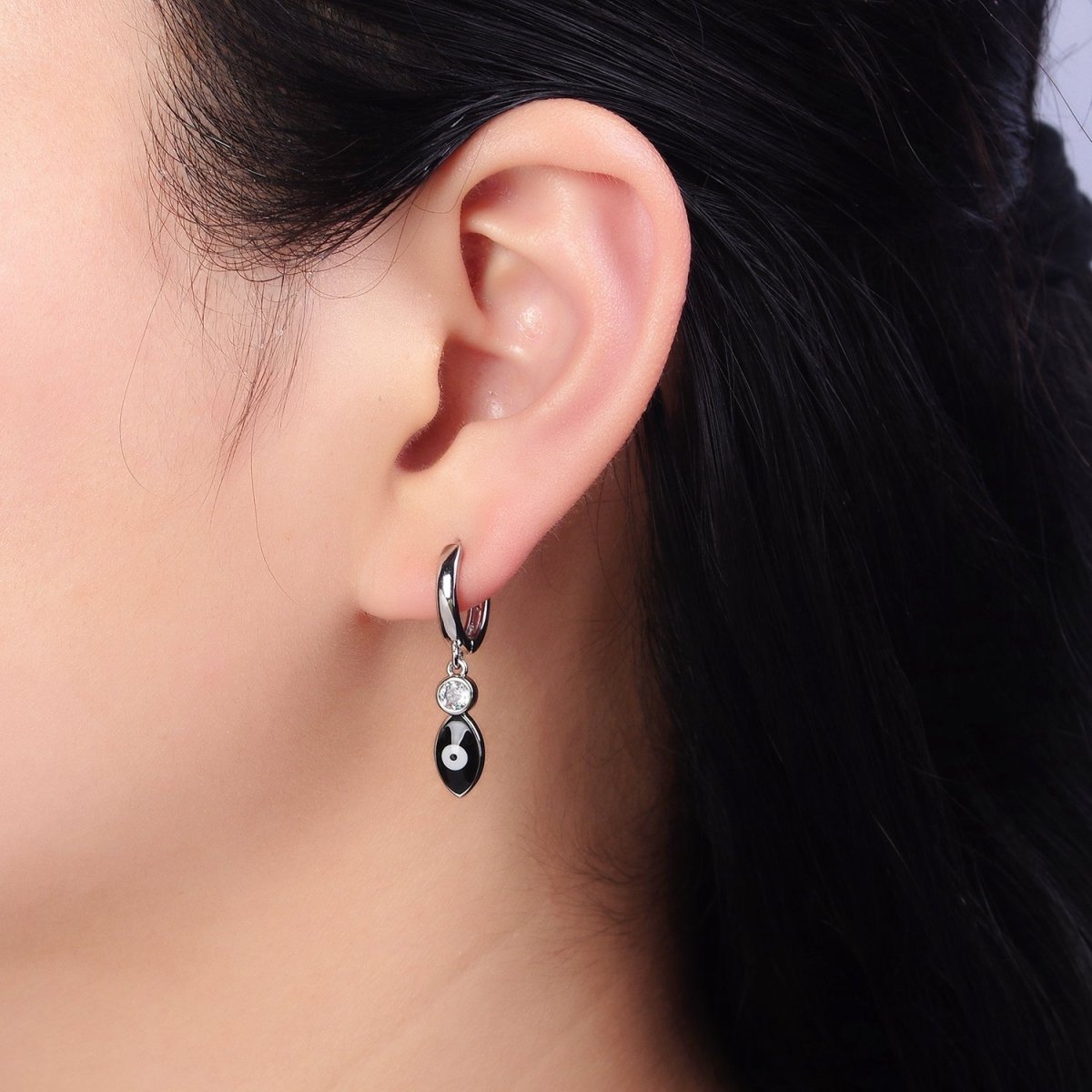 16K Gold Filled White, Teal, Black Enamel Evil Eye Drop Huggie Hoop Earrings in Gold & Silver | AD-363~AD-368