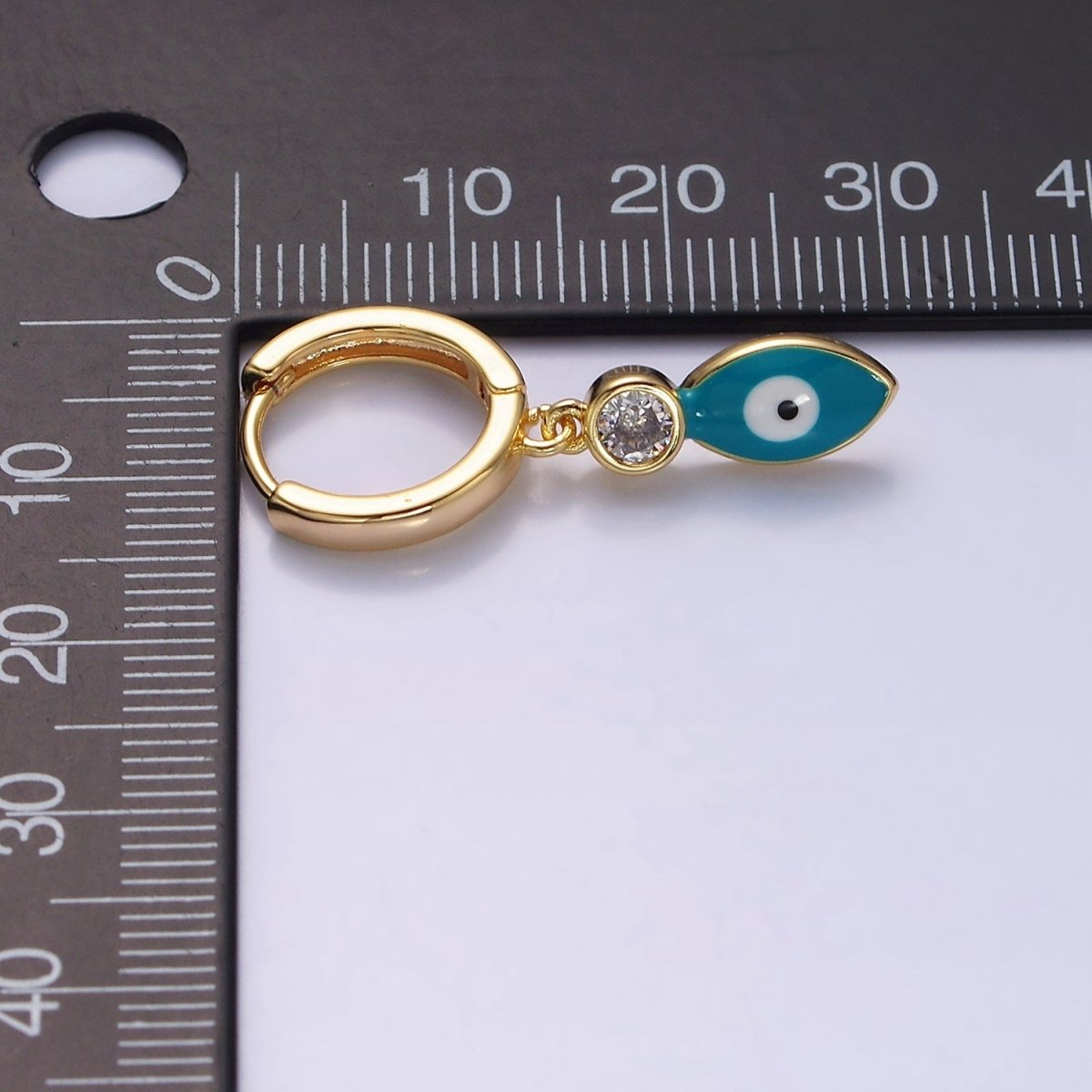 16K Gold Filled White, Teal, Black Enamel Evil Eye Drop Huggie Hoop Earrings in Gold & Silver | AD-363~AD-368