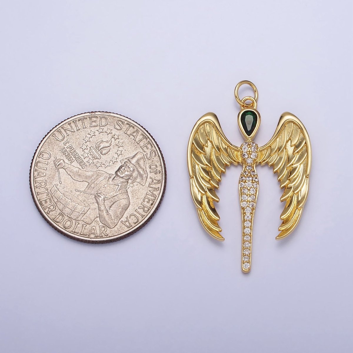 16K Gold Filled Winged Angel Micro Paved CZ Silhouette Green Teardrop Charm in Gold & Silver | AC1268 AC1269