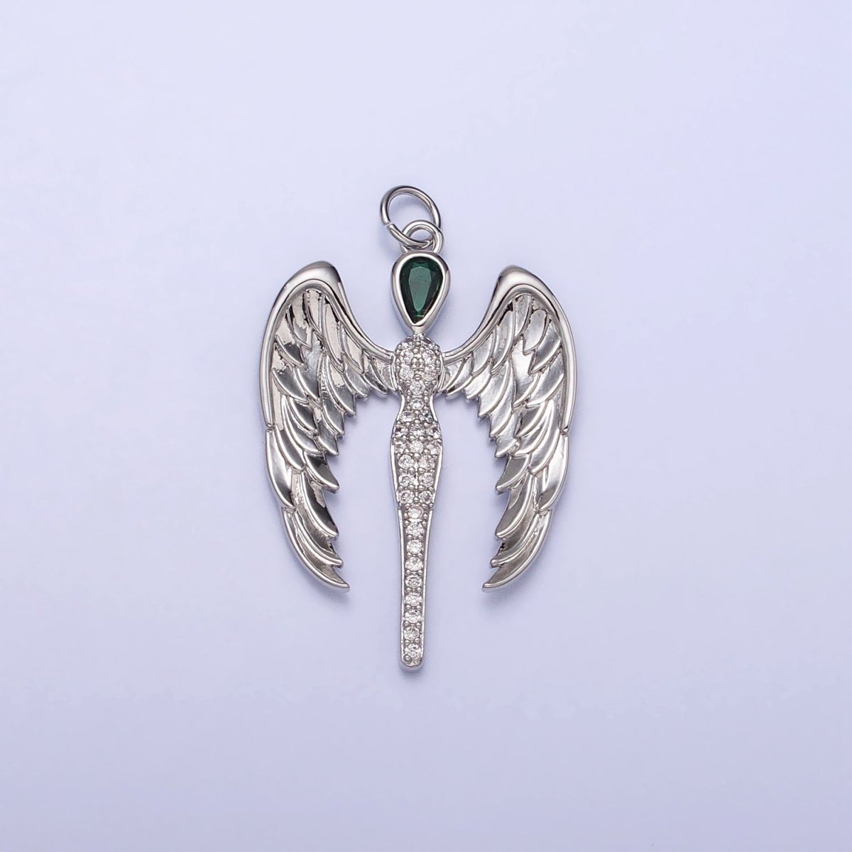 16K Gold Filled Winged Angel Micro Paved CZ Silhouette Green Teardrop Charm in Gold & Silver | AC1268 AC1269