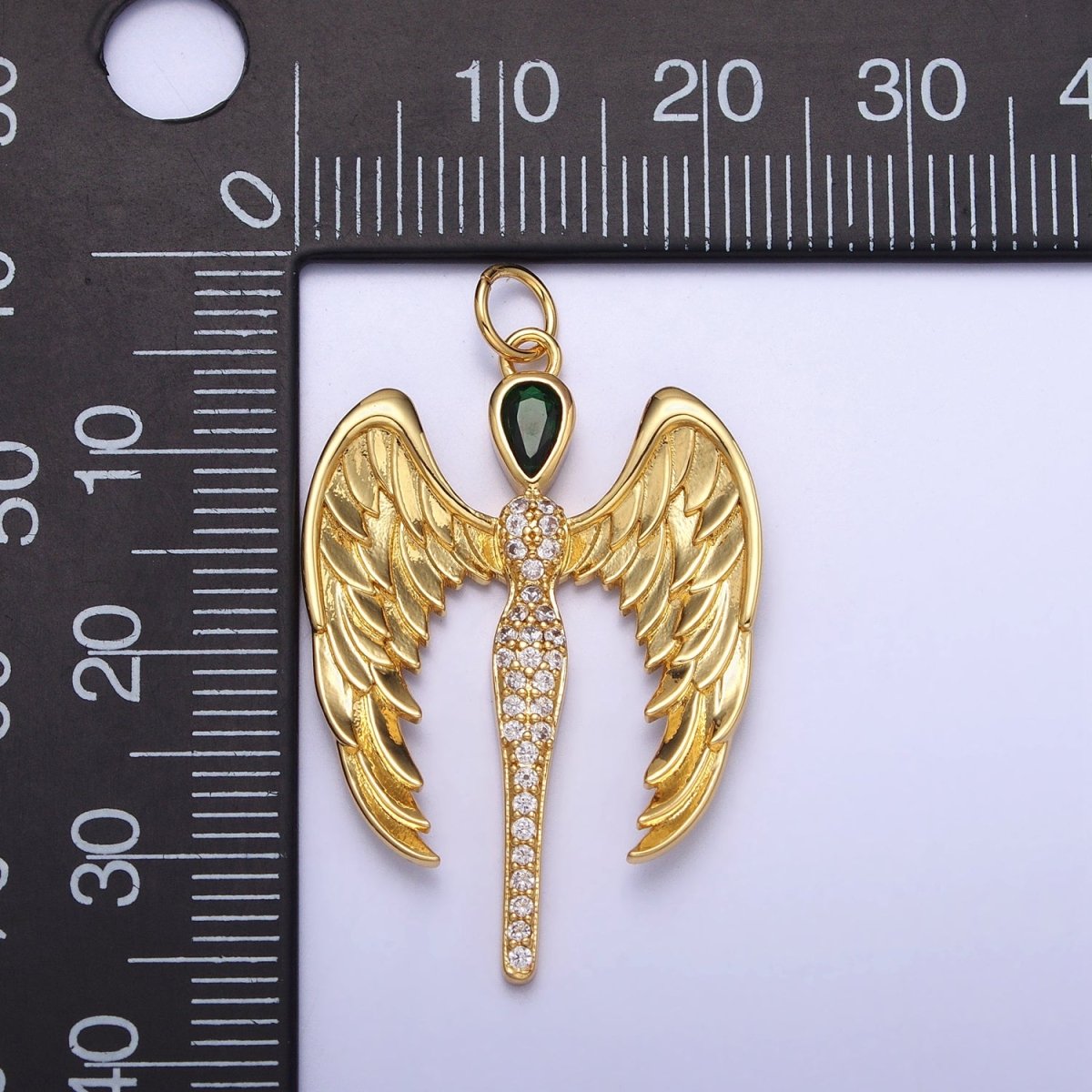 16K Gold Filled Winged Angel Micro Paved CZ Silhouette Green Teardrop Charm in Gold & Silver | AC1268 AC1269