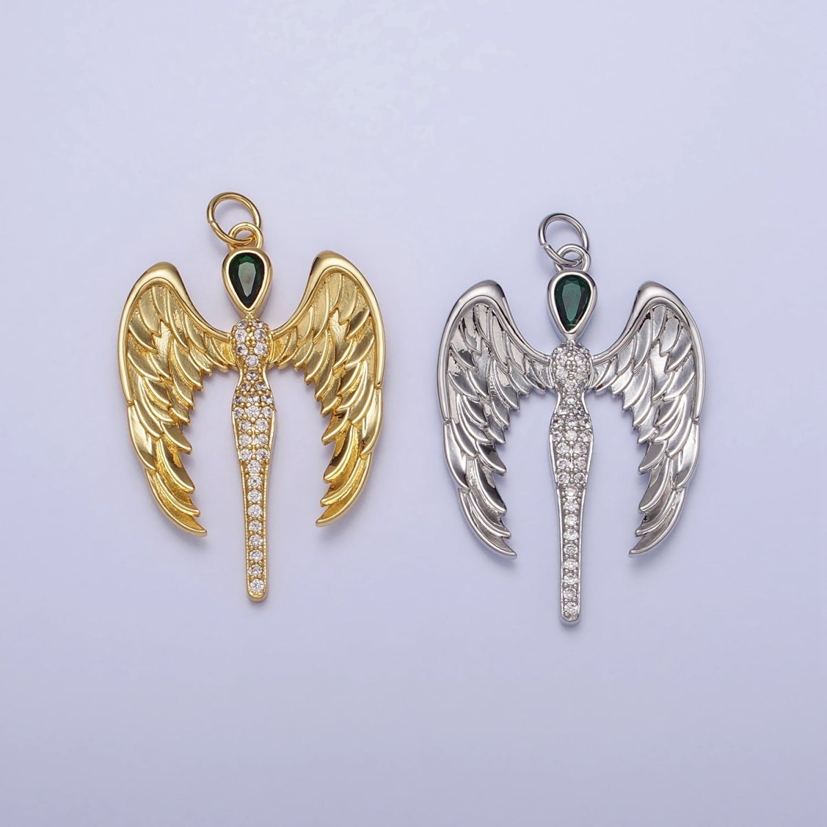 16K Gold Filled Winged Angel Micro Paved CZ Silhouette Green Teardrop Charm in Gold & Silver | AC1268 AC1269