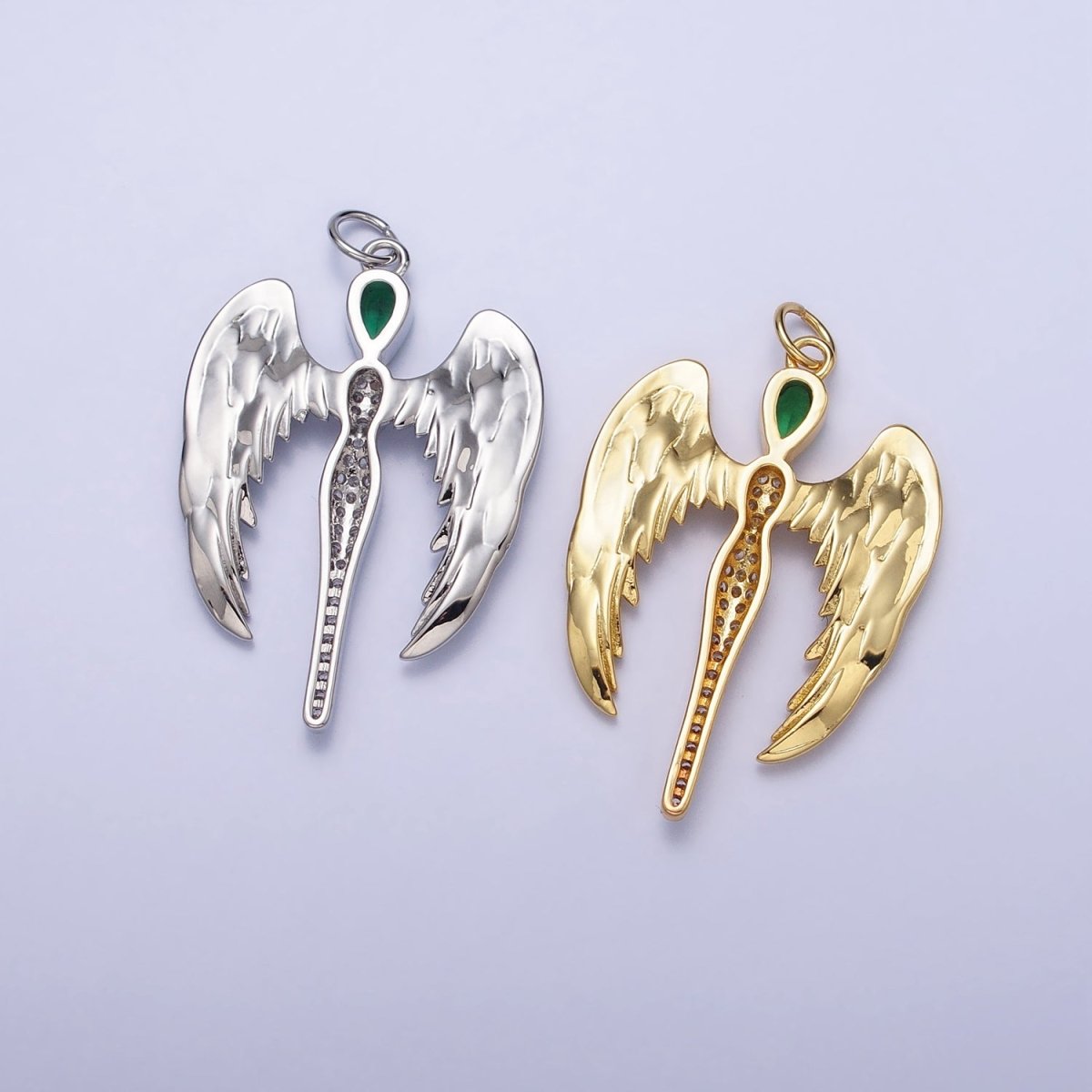 16K Gold Filled Winged Angel Micro Paved CZ Silhouette Green Teardrop Charm in Gold & Silver | AC1268 AC1269