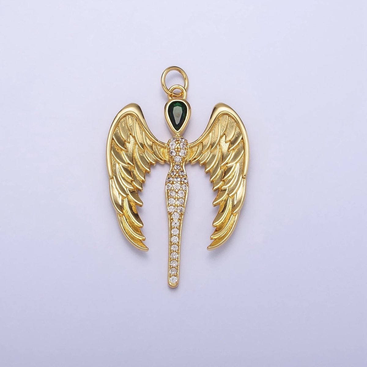 16K Gold Filled Winged Angel Micro Paved CZ Silhouette Green Teardrop Charm in Gold & Silver | AC1268 AC1269