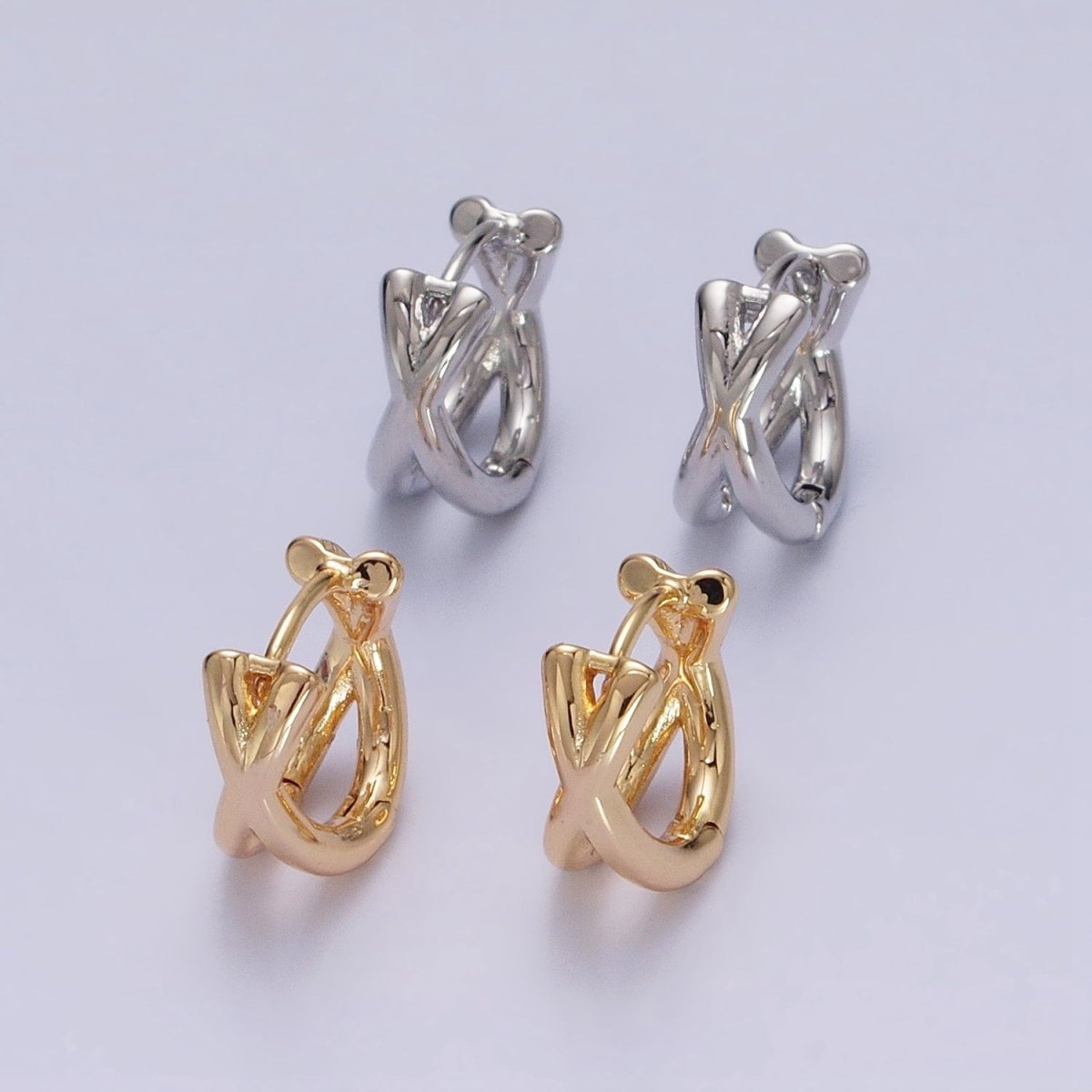 16K Gold Filled X Claw Double Band Geometric Huggie Earrings in Gold & Silver | AB1455 AB1456