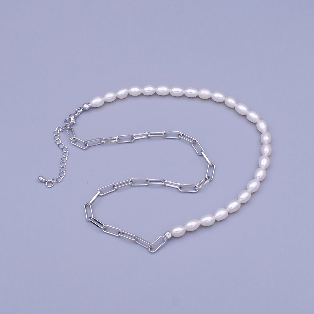 17 Inch Half Paperclip Chain, Half 5.3mm Freshwater Pearl Necklace | WA-1467 Clearance Pricing