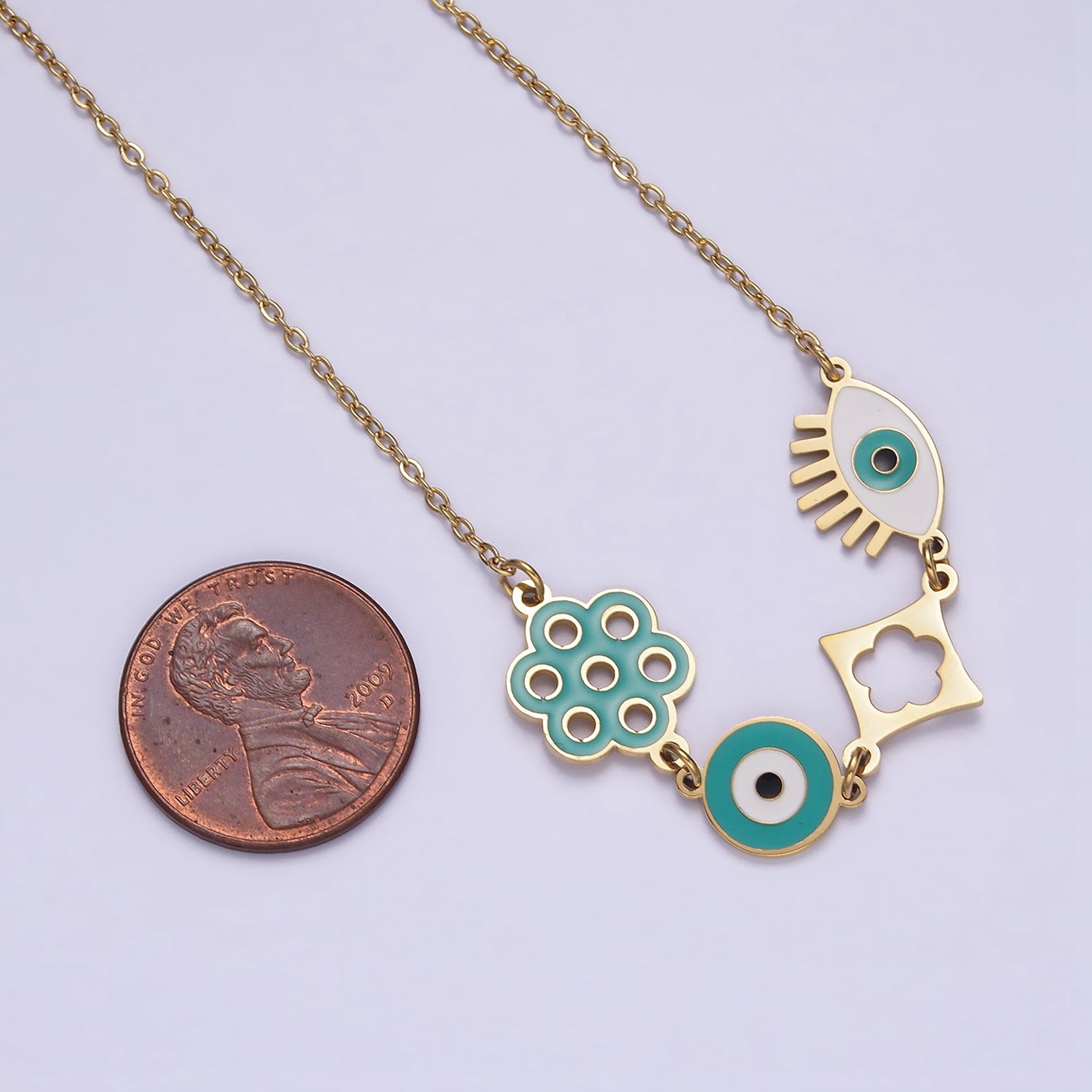 Stainless Steel Teal Evil Eye Open Flower 17 Inch Cable Chain Necklace | WA-2062 - DLUXCA