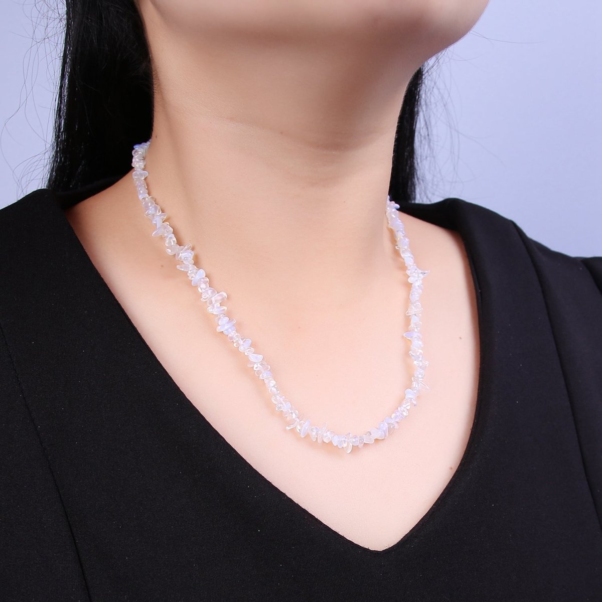 17.2 Inch Natural Clear White Opalite Crystal Stone Bead Necklace with 2" Extender | WA-645 Clearance Pricing - DLUXCA