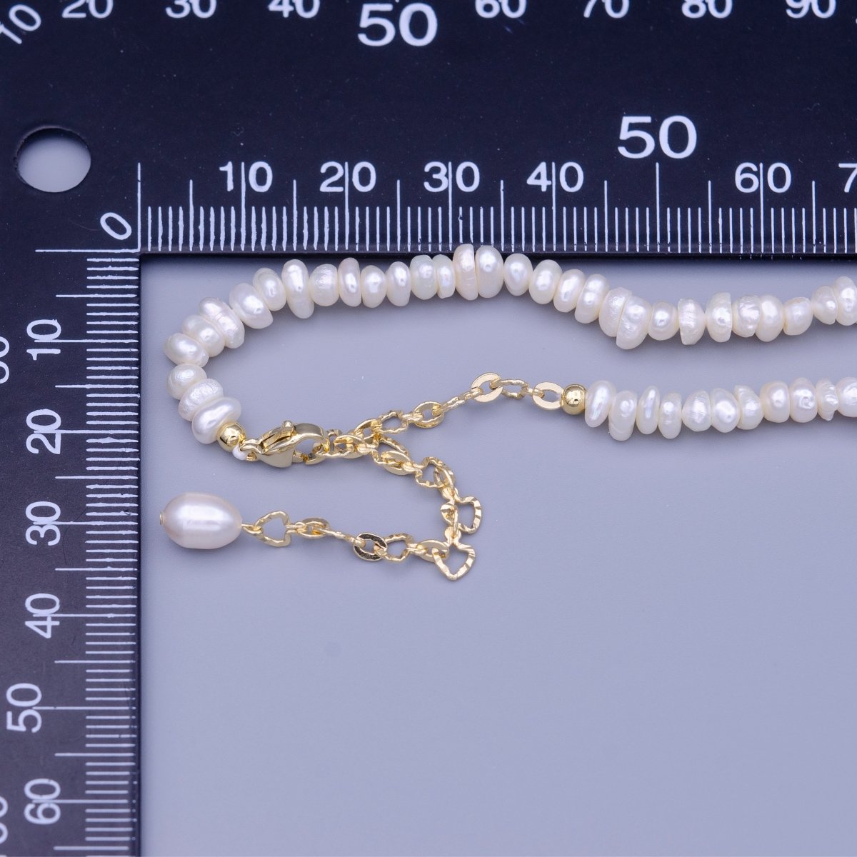 17.5 Inch Half 4.5mm Pearl Seed w. Gold Spacer Beads, Half Textured Heart Chain Necklace | WA-1450 Clearance Pricing