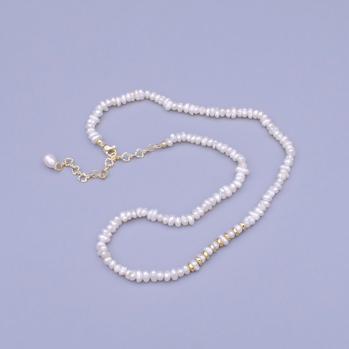 17.5 Inch Half 4.5mm Pearl Seed w. Gold Spacer Beads, Half Textured Heart Chain Necklace | WA-1450 Clearance Pricing