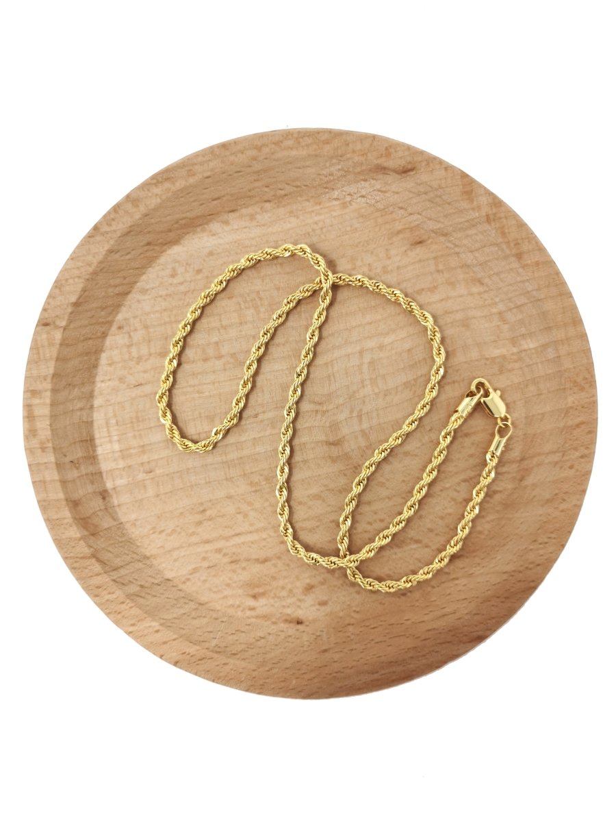 17.7" Rope Chain Necklace, 24K Gold Plated Finished Chain For Jewelry Making, 3mm Width Rope Necklace w/ Lobster Clasps | CN-599 Clearance Pricing - DLUXCA