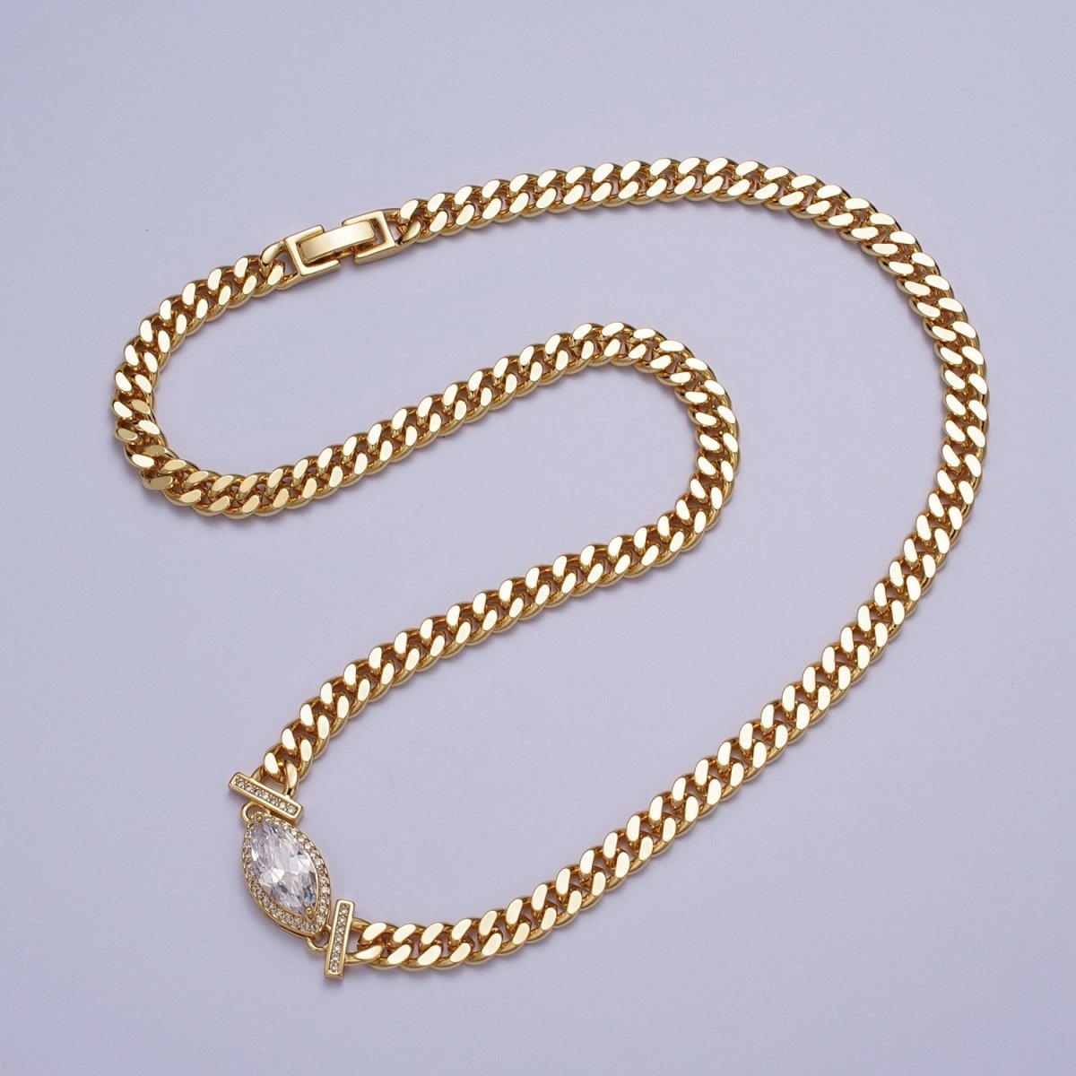 18 Inch Micro Paved Marquise CZ Flat Curb Link Chain Gold Necklace | WA-1209 - WA-1214 Clearance Pricing