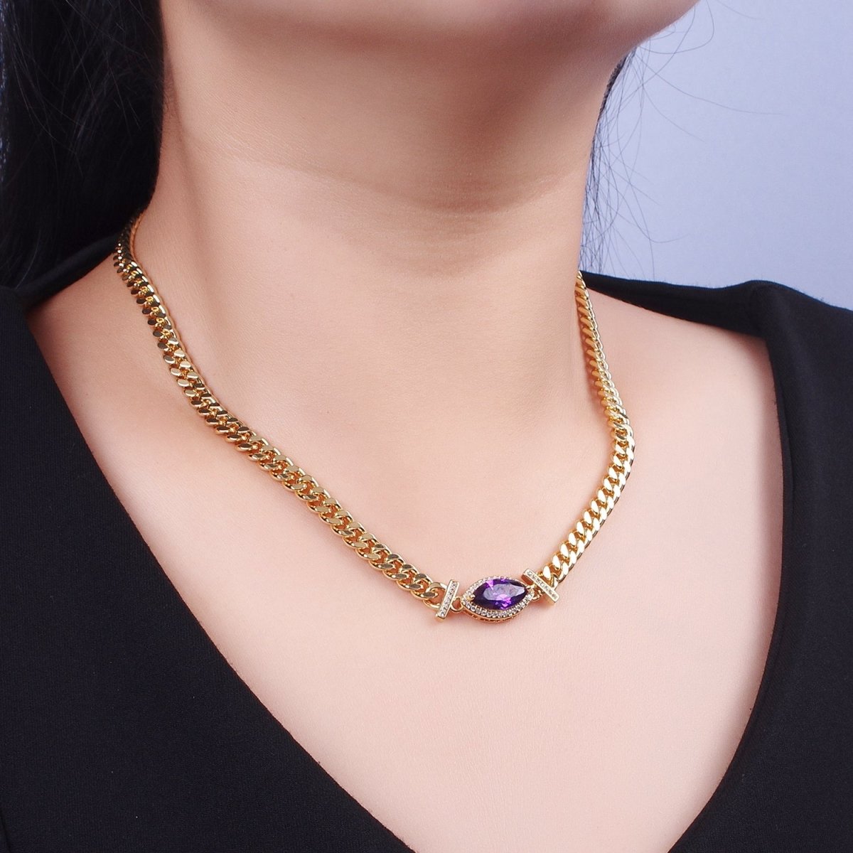 18 Inch Micro Paved Marquise CZ Flat Curb Link Chain Gold Necklace | WA-1209 - WA-1214 Clearance Pricing