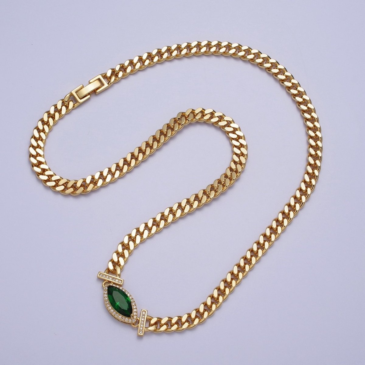 18 Inch Micro Paved Marquise CZ Flat Curb Link Chain Gold Necklace | WA-1209 - WA-1214 Clearance Pricing