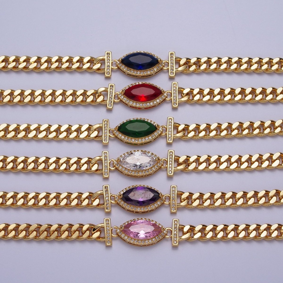 18 Inch Micro Paved Marquise CZ Flat Curb Link Chain Gold Necklace | WA-1209 - WA-1214 Clearance Pricing