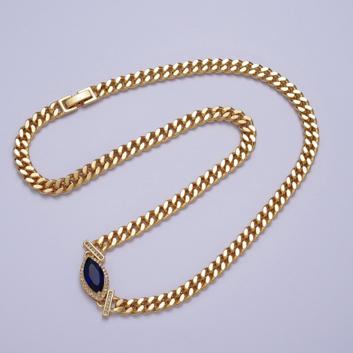 18 Inch Micro Paved Marquise CZ Flat Curb Link Chain Gold Necklace | WA-1209 - WA-1214 Clearance Pricing