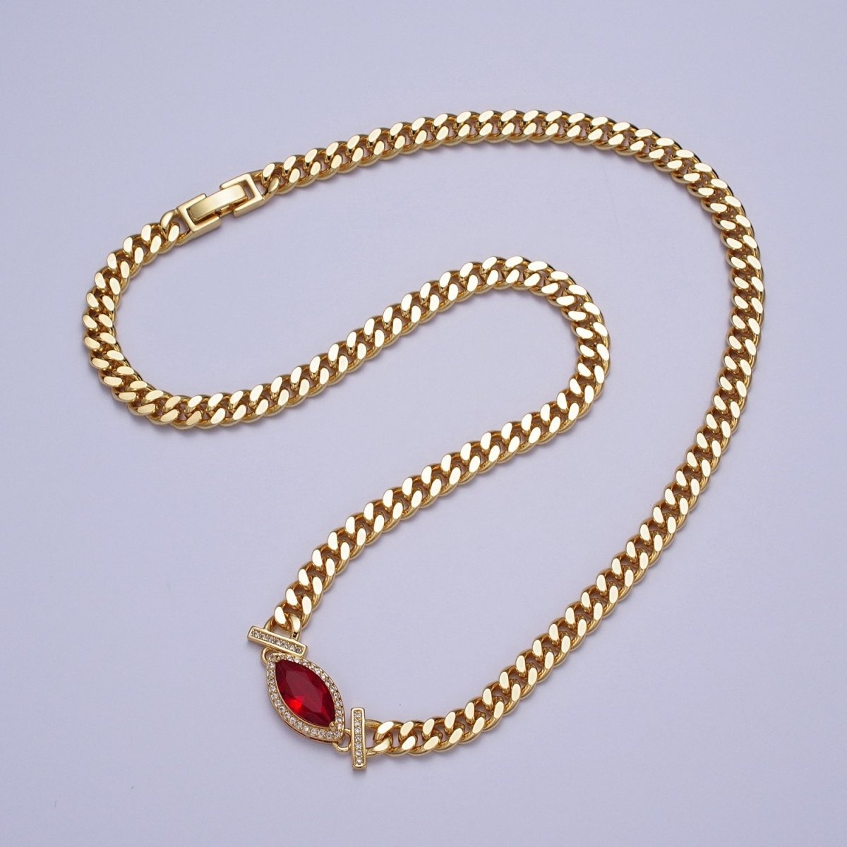 18 Inch Micro Paved Marquise CZ Flat Curb Link Chain Gold Necklace | WA-1209 - WA-1214 Clearance Pricing
