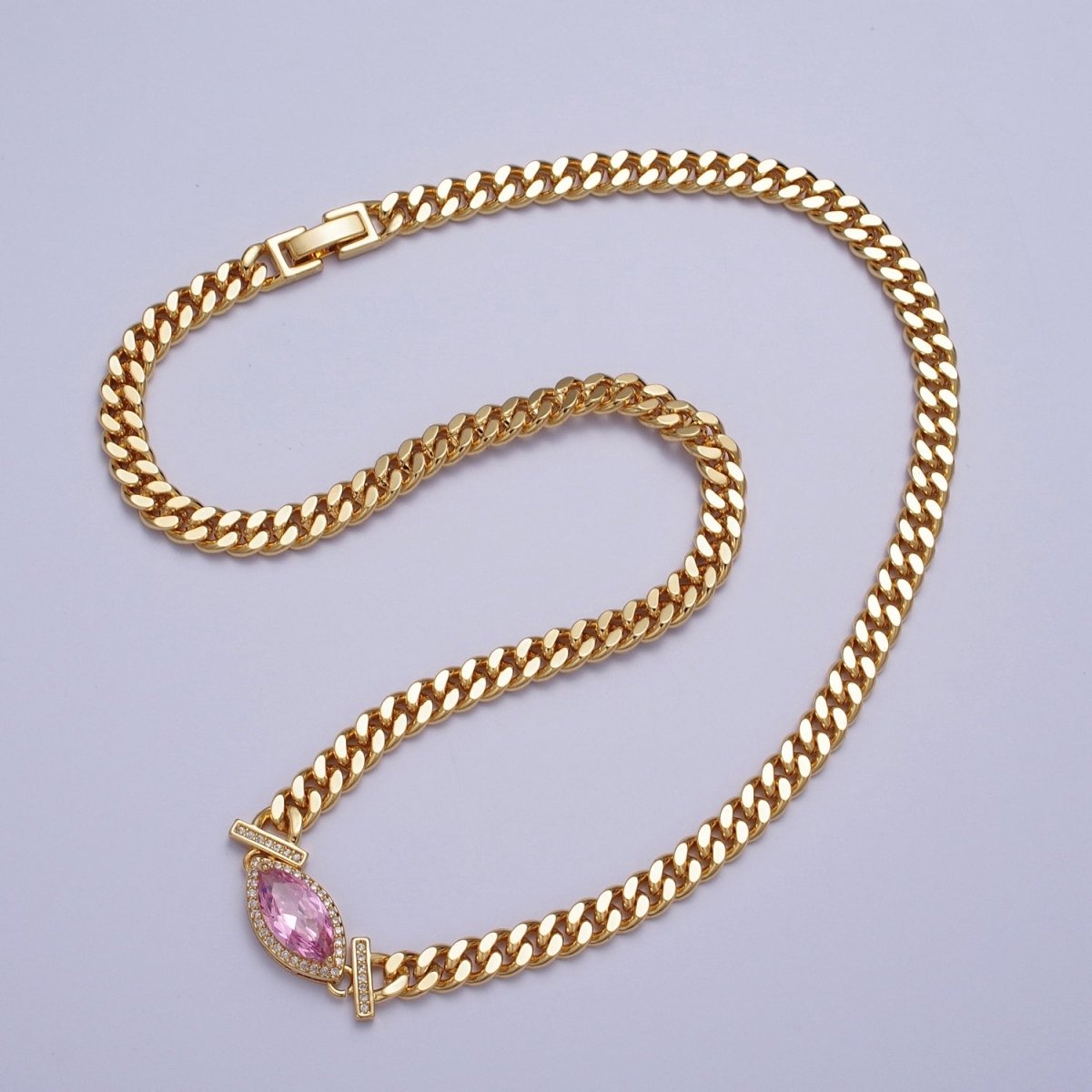 18 Inch Micro Paved Marquise CZ Flat Curb Link Chain Gold Necklace | WA-1209 - WA-1214 Clearance Pricing