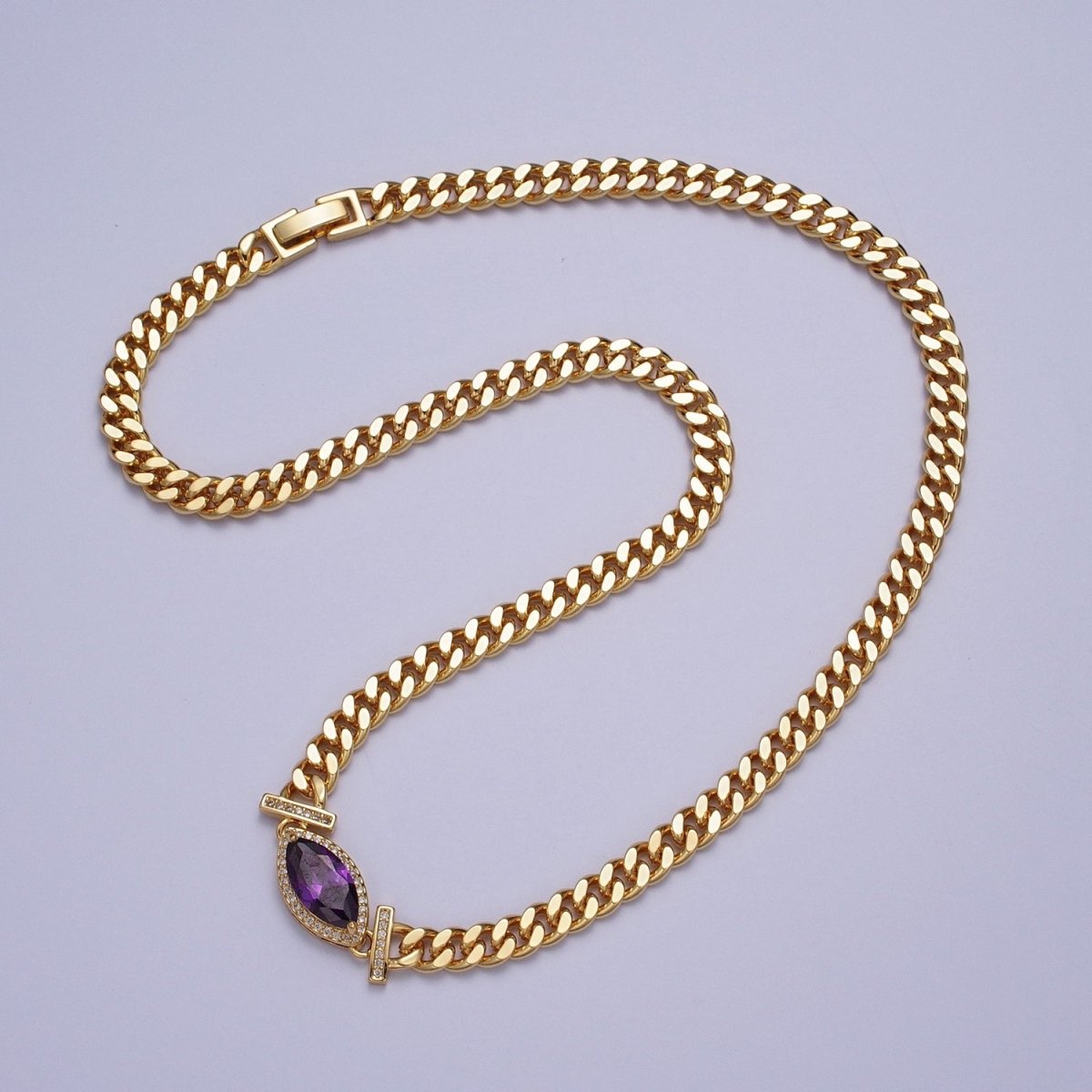 18 Inch Micro Paved Marquise CZ Flat Curb Link Chain Gold Necklace | WA-1209 - WA-1214 Clearance Pricing