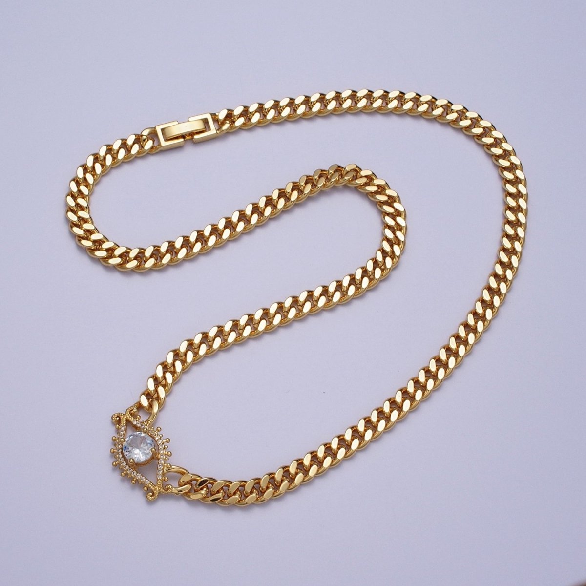 18 Inch Micro Paved Round CZ Evil Eye of Ra Flat Curb Link Chain Gold Protection Necklace | WA-1201 WA-1202 Clearance Pricing