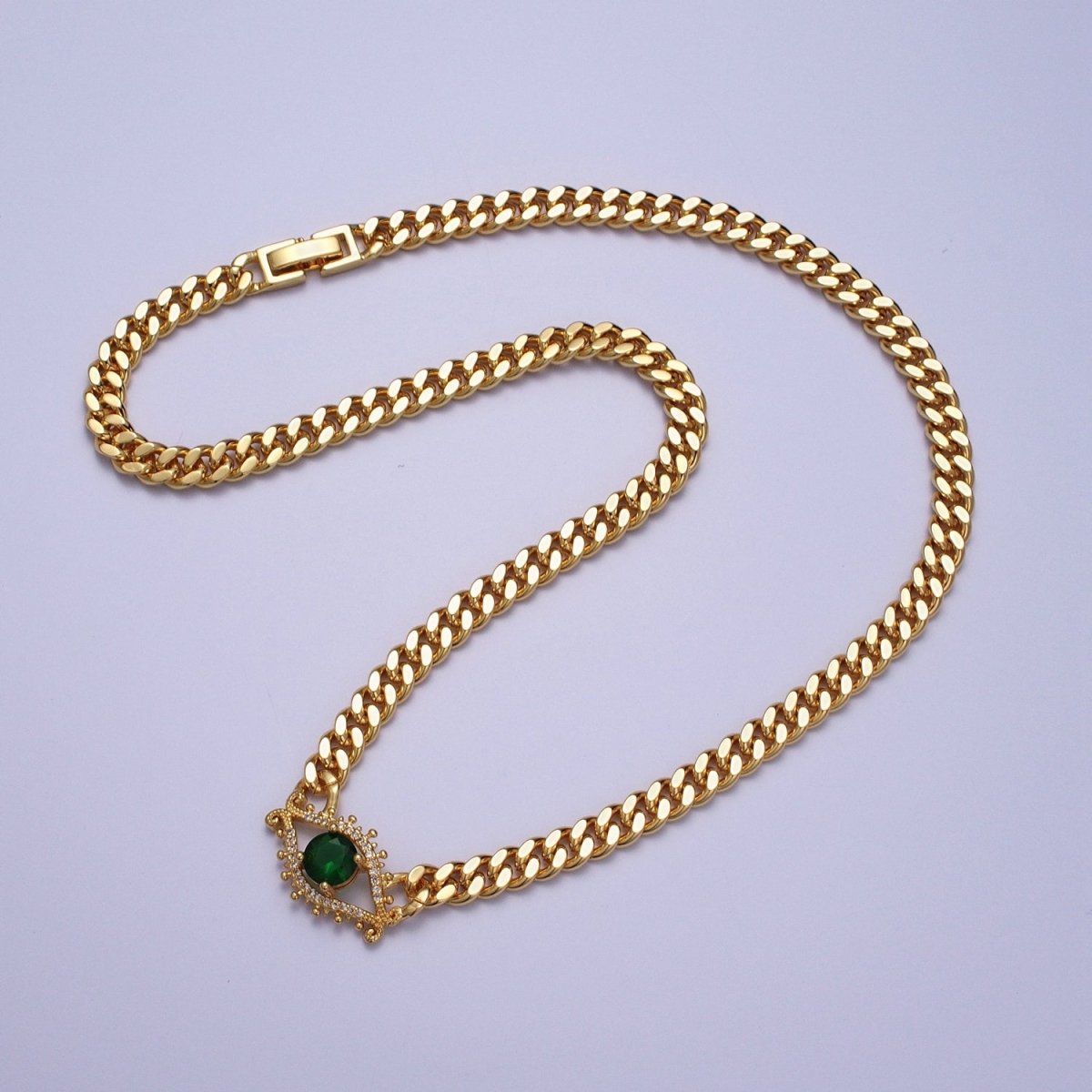 18 Inch Micro Paved Round CZ Evil Eye of Ra Flat Curb Link Chain Gold Protection Necklace | WA-1201 WA-1202 Clearance Pricing