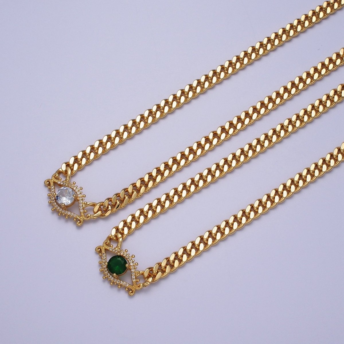 18 Inch Micro Paved Round CZ Evil Eye of Ra Flat Curb Link Chain Gold Protection Necklace | WA-1201 WA-1202 Clearance Pricing