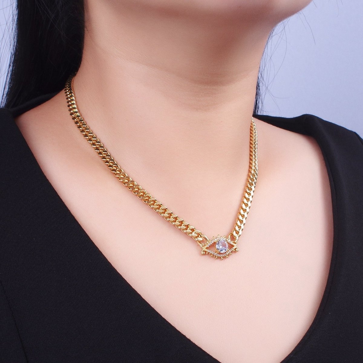 18 Inch Micro Paved Round CZ Evil Eye of Ra Flat Curb Link Chain Gold Protection Necklace | WA-1201 WA-1202 Clearance Pricing