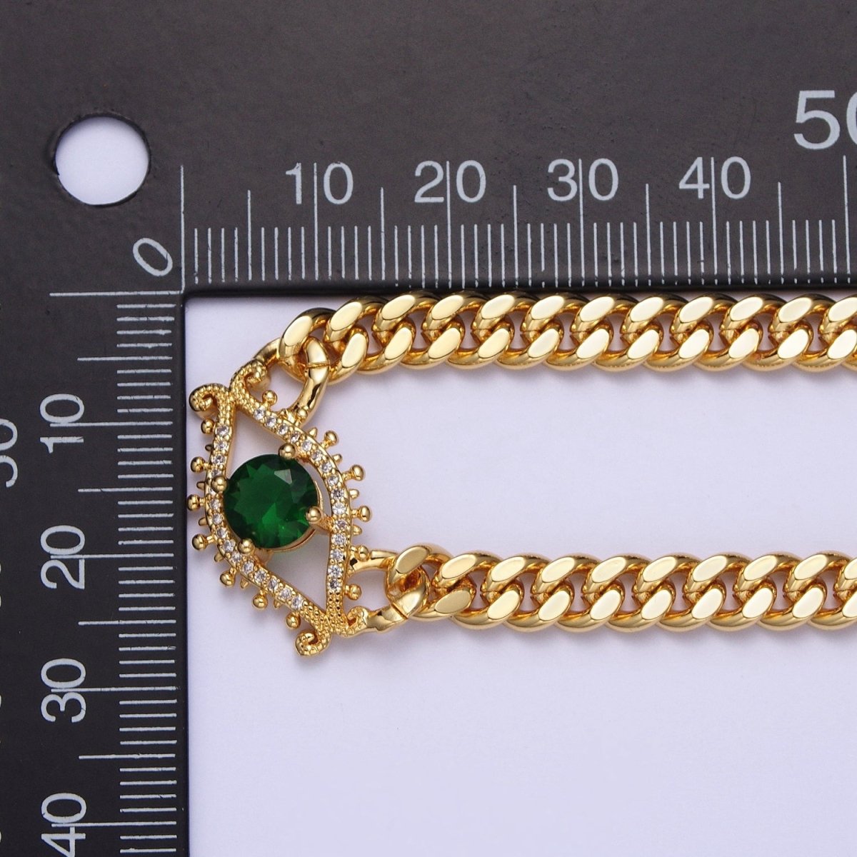 18 Inch Micro Paved Round CZ Evil Eye of Ra Flat Curb Link Chain Gold Protection Necklace | WA-1201 WA-1202 Clearance Pricing