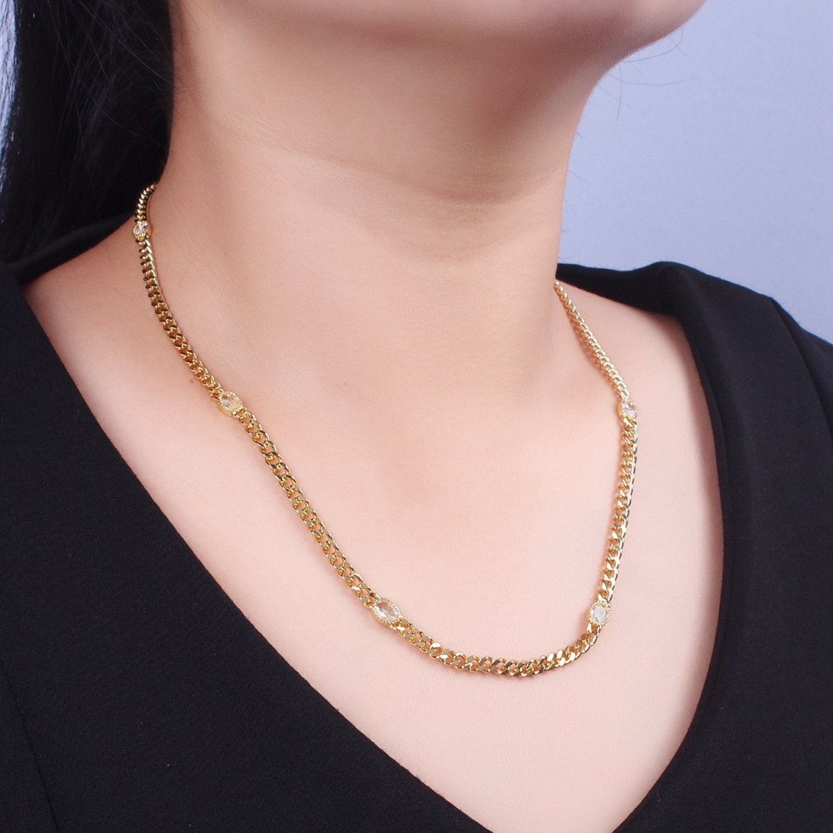 18 Inch Oval CZ 4mm Gold Flat Curb Chain Necklace | WA-1203 - WA-1208 Clearance Pricing