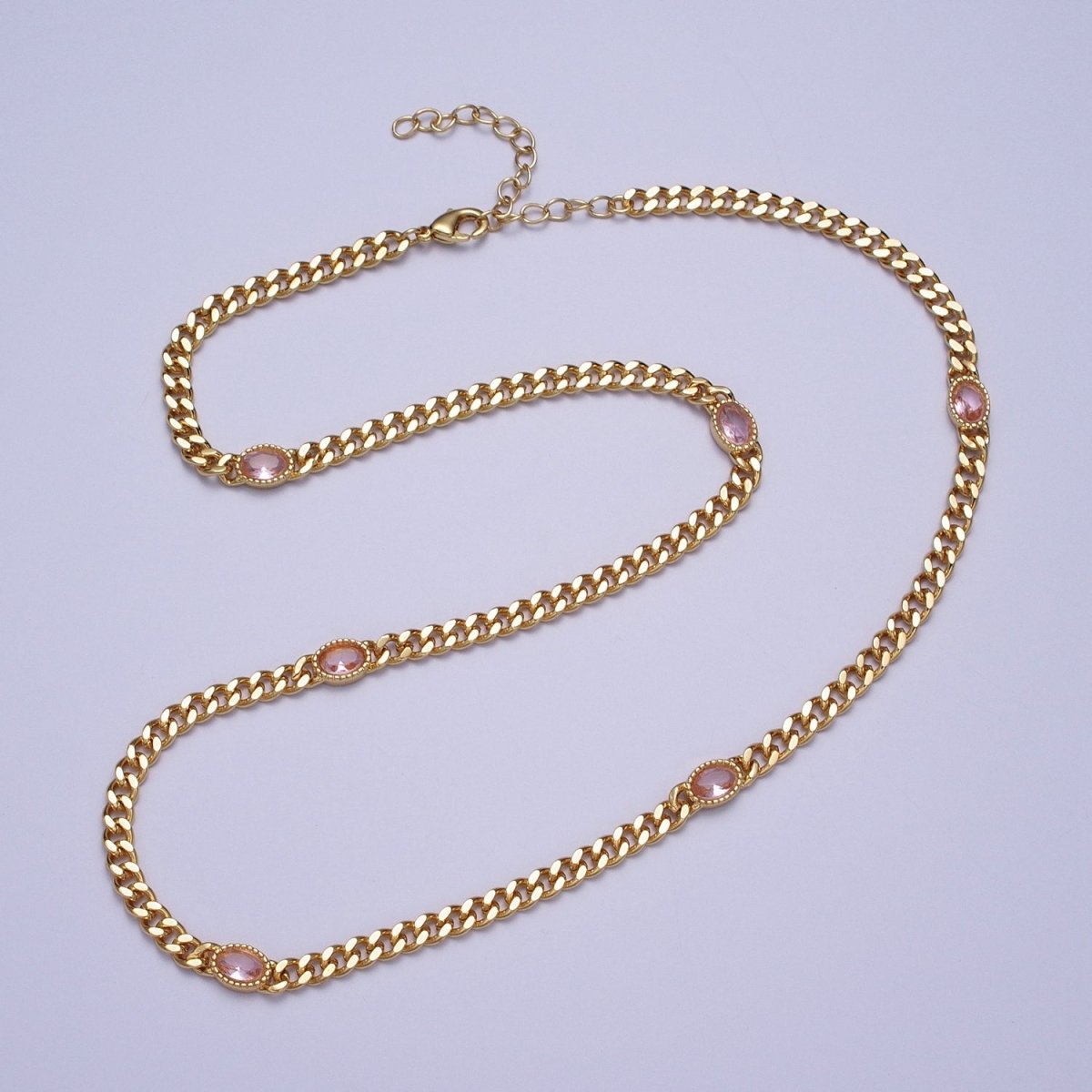 18 Inch Oval CZ 4mm Gold Flat Curb Chain Necklace | WA-1203 - WA-1208 Clearance Pricing