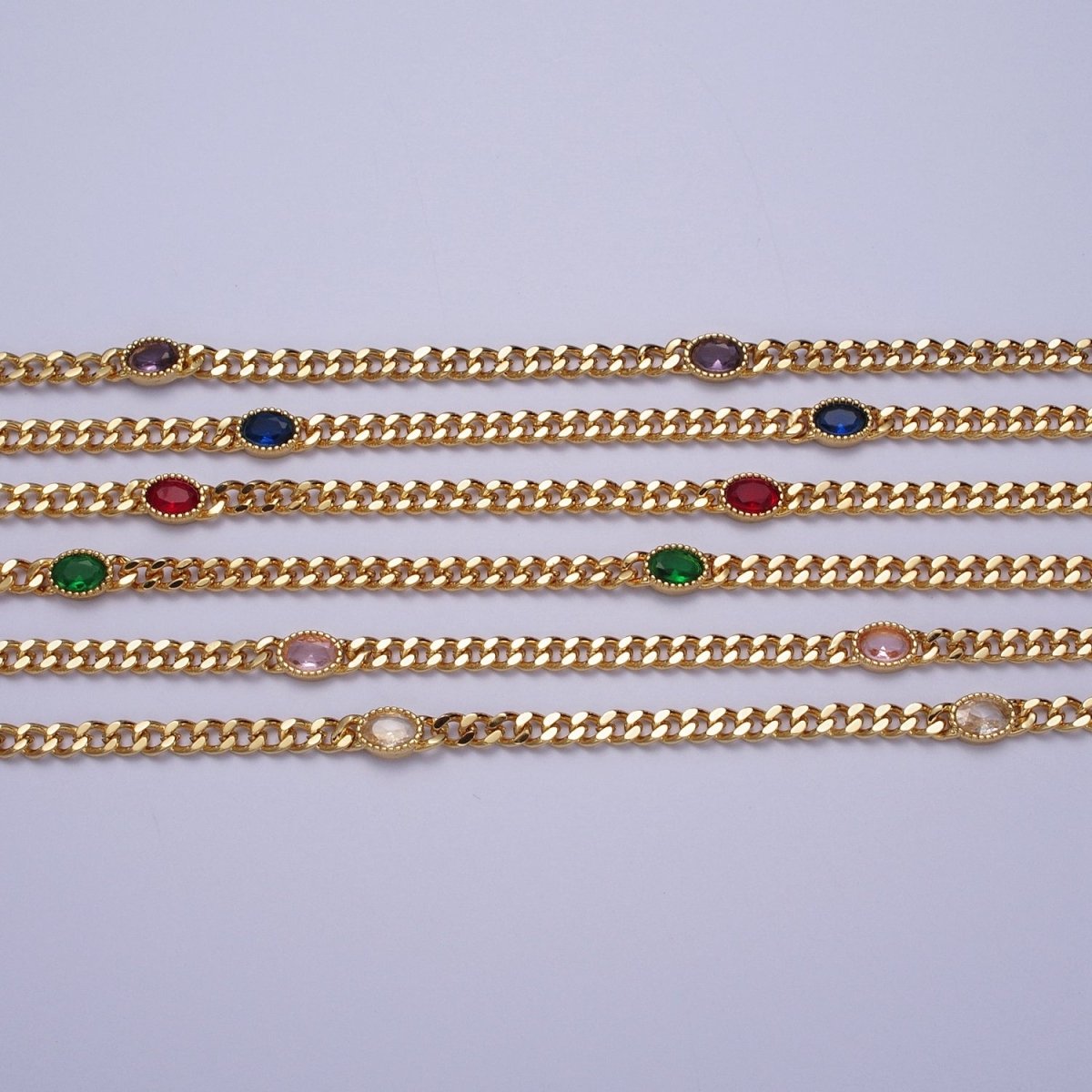 18 Inch Oval CZ 4mm Gold Flat Curb Chain Necklace | WA-1203 - WA-1208 Clearance Pricing