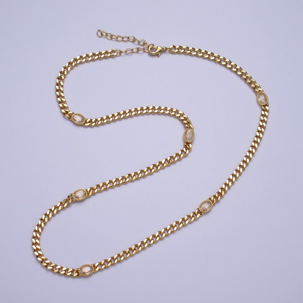 18 Inch Oval CZ 4mm Gold Flat Curb Chain Necklace | WA-1203 - WA-1208 Clearance Pricing