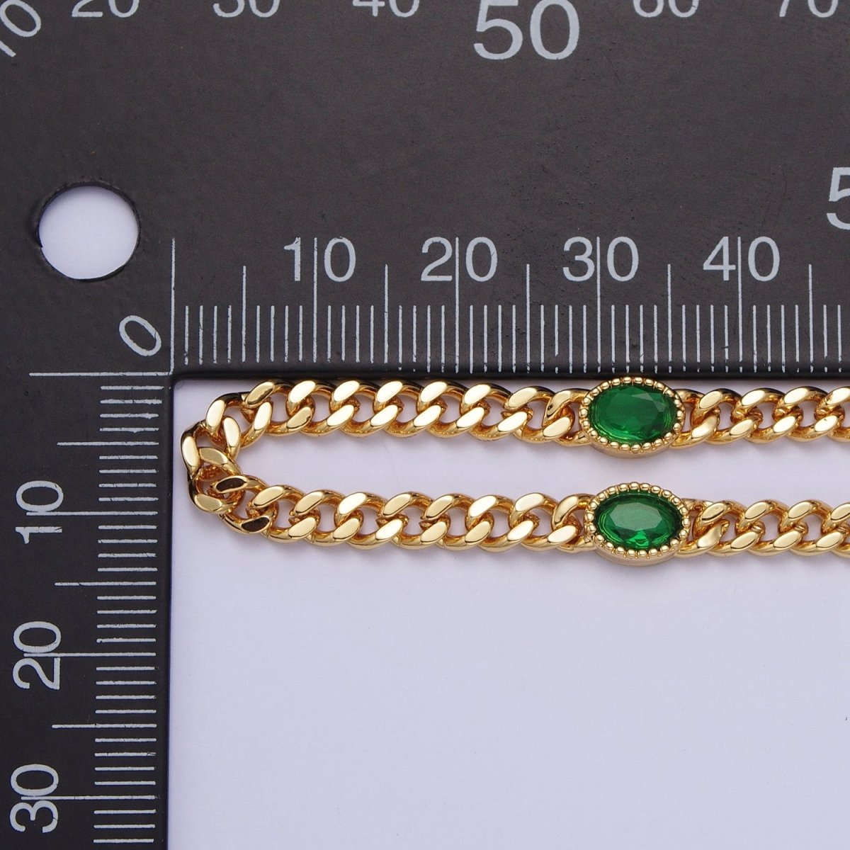 18 Inch Oval CZ 4mm Gold Flat Curb Chain Necklace | WA-1203 - WA-1208 Clearance Pricing