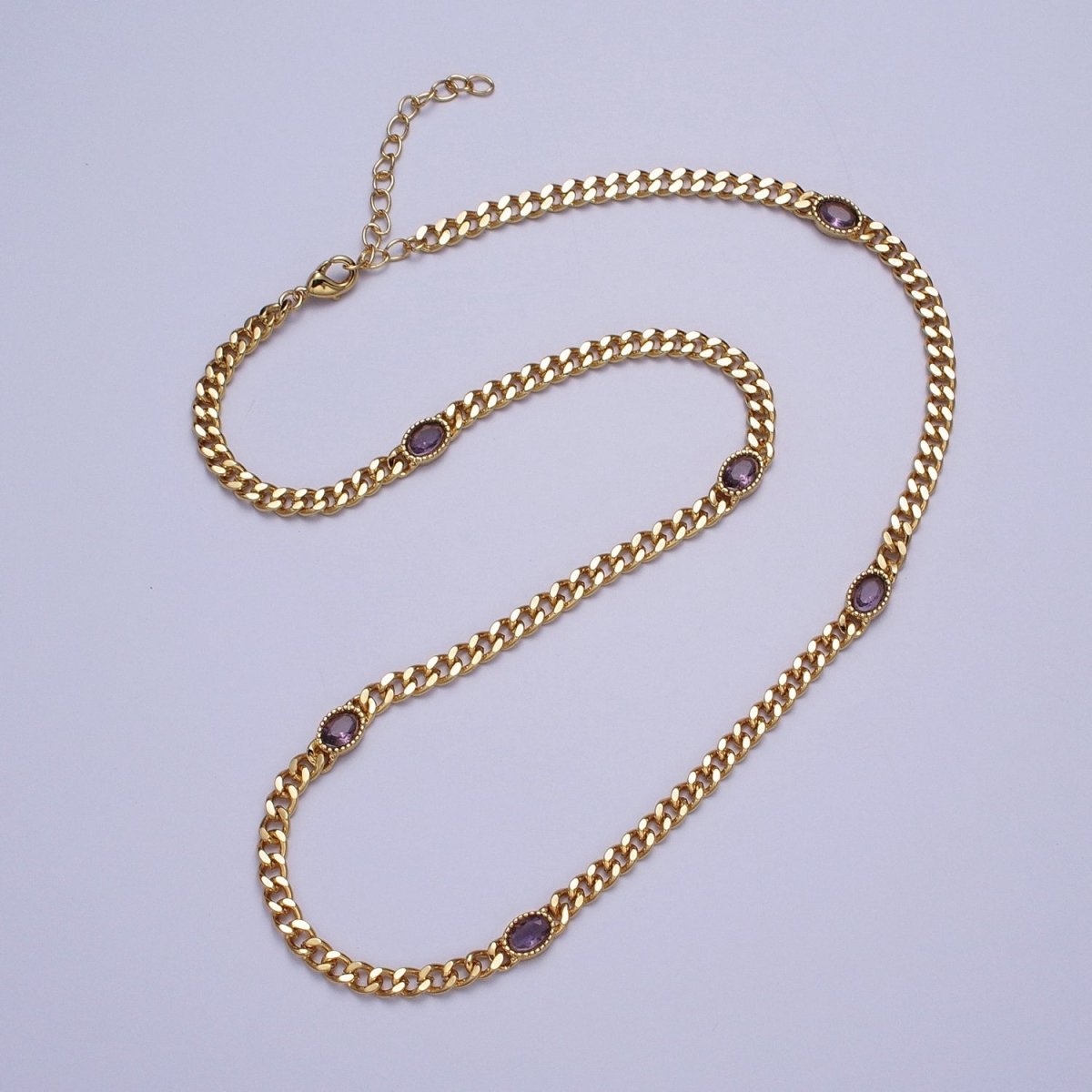 18 Inch Oval CZ 4mm Gold Flat Curb Chain Necklace | WA-1203 - WA-1208 Clearance Pricing