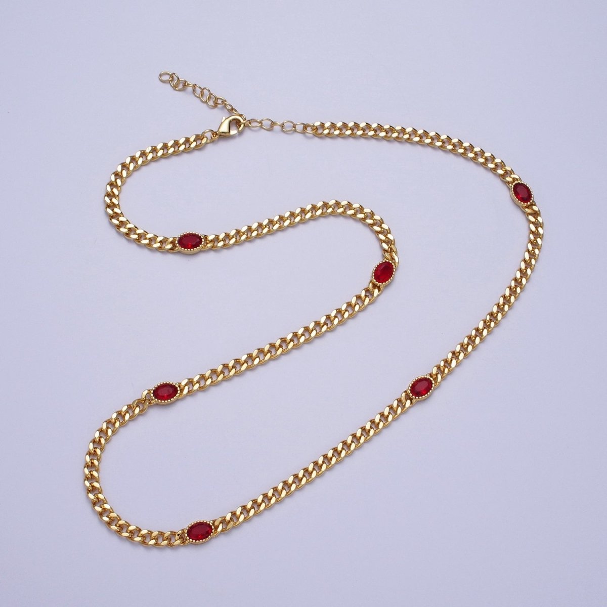 18 Inch Oval CZ 4mm Gold Flat Curb Chain Necklace | WA-1203 - WA-1208 Clearance Pricing