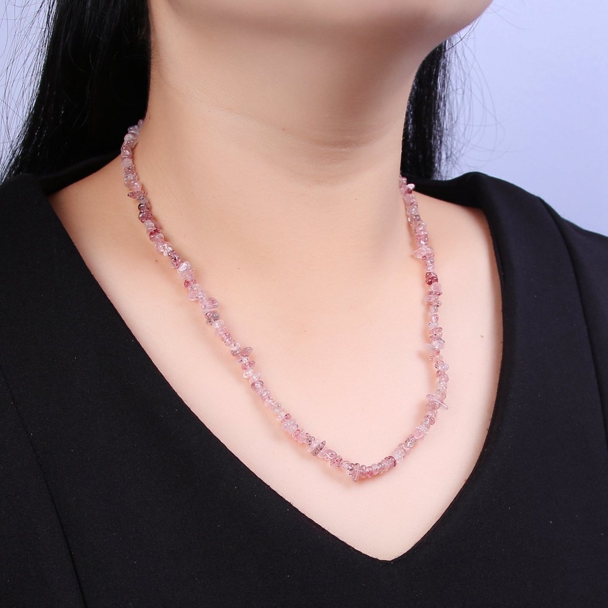 18.5 Inch Natural Pink Strawberry Quartz Crystal Stone Bead Necklace with 2" Extender | WA-632 Clearance Pricing - DLUXCA