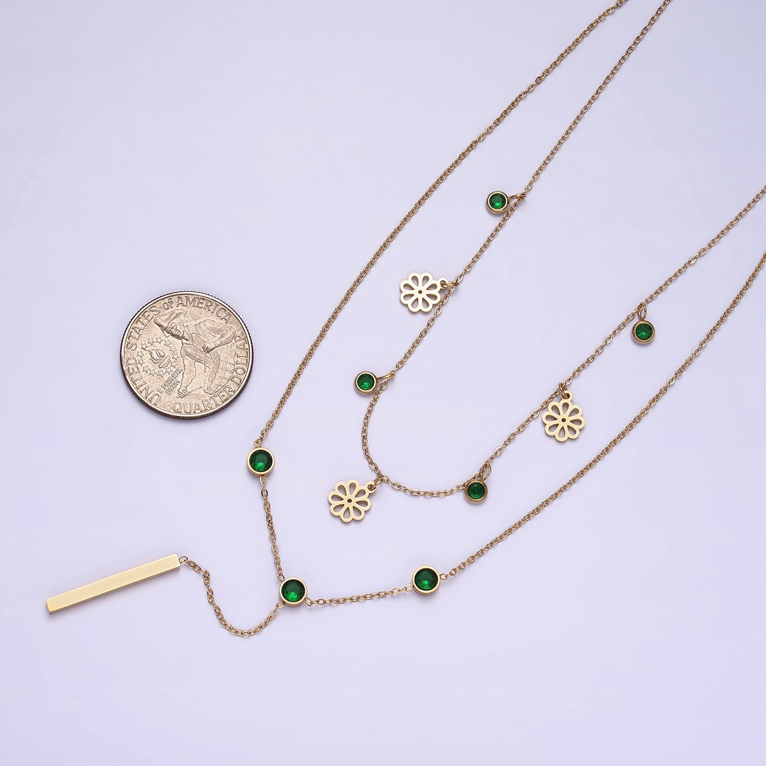 Stainless Steel Green Round CZ Disc Open Flower Bar Lariat Double Layer Stack Necklace | WA-2057 - DLUXCA