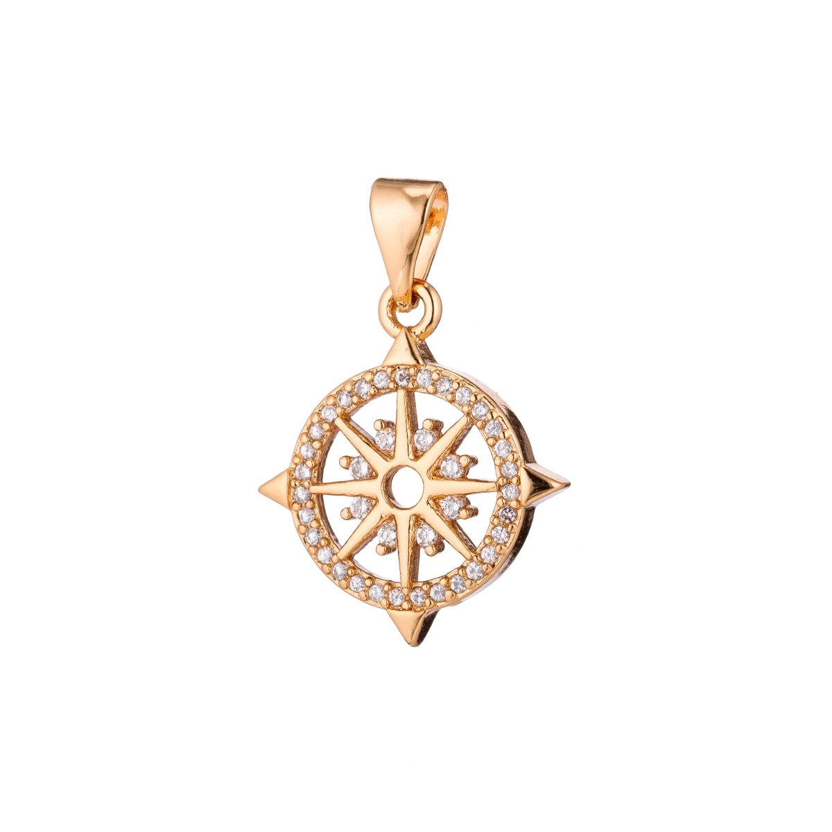 18K, 24K Gold Filled Compass, Four Directions, Travel Lover, Navigation, Cubic Zirconia Necklace PENDANT Charm Bails Findings for Jewelry Making H-906