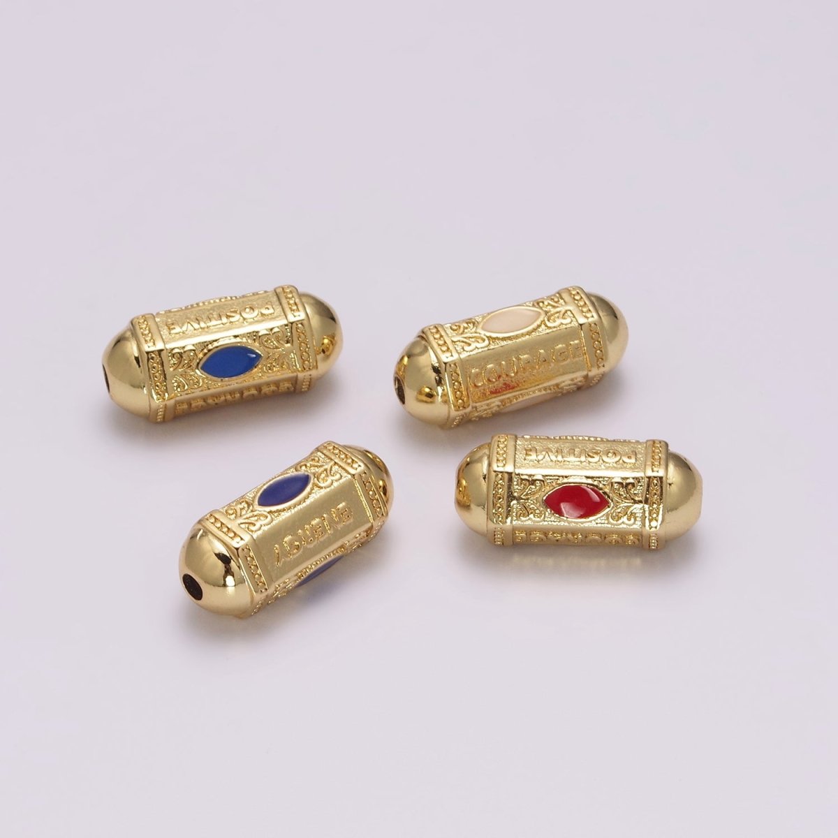 18K Dainty Gold Filled Positive Energy Word Hexagon Shape Small Hole Tube Spacer Beads, Drum Barrel Beads, Blue Dark Blue Red Yellow CZ Tube Spacer for Bracelet B-626