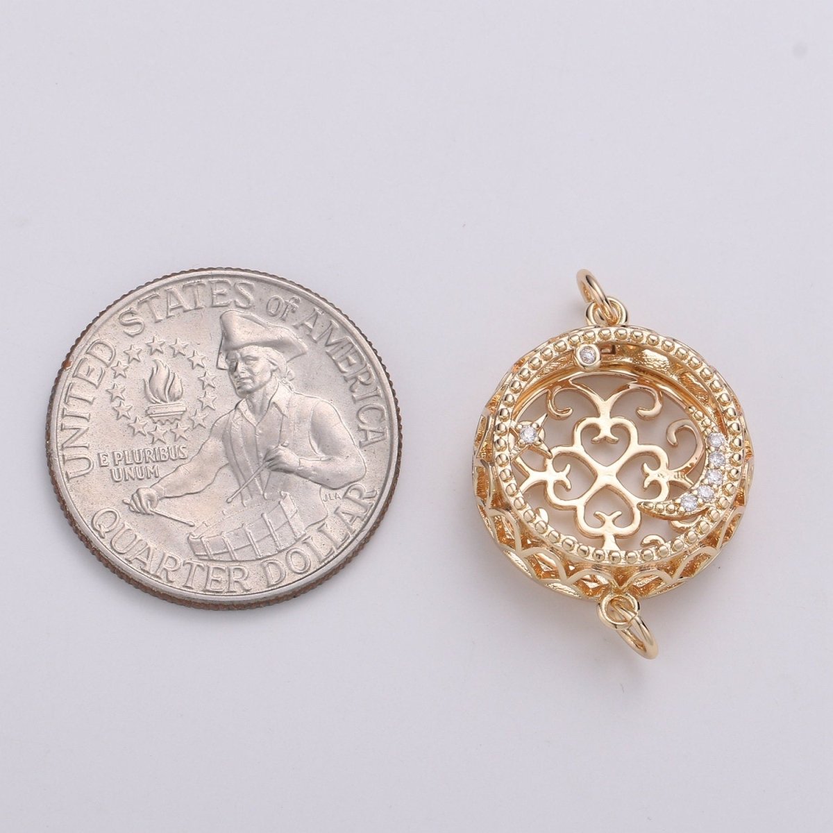 18K Filligree Essential Oil Diffuser, Cresent Moon, Star, Planet Gold Plated Micro Pave CZ Connector Micro Pave CZ Bracelet Connector F-809 - DLUXCA