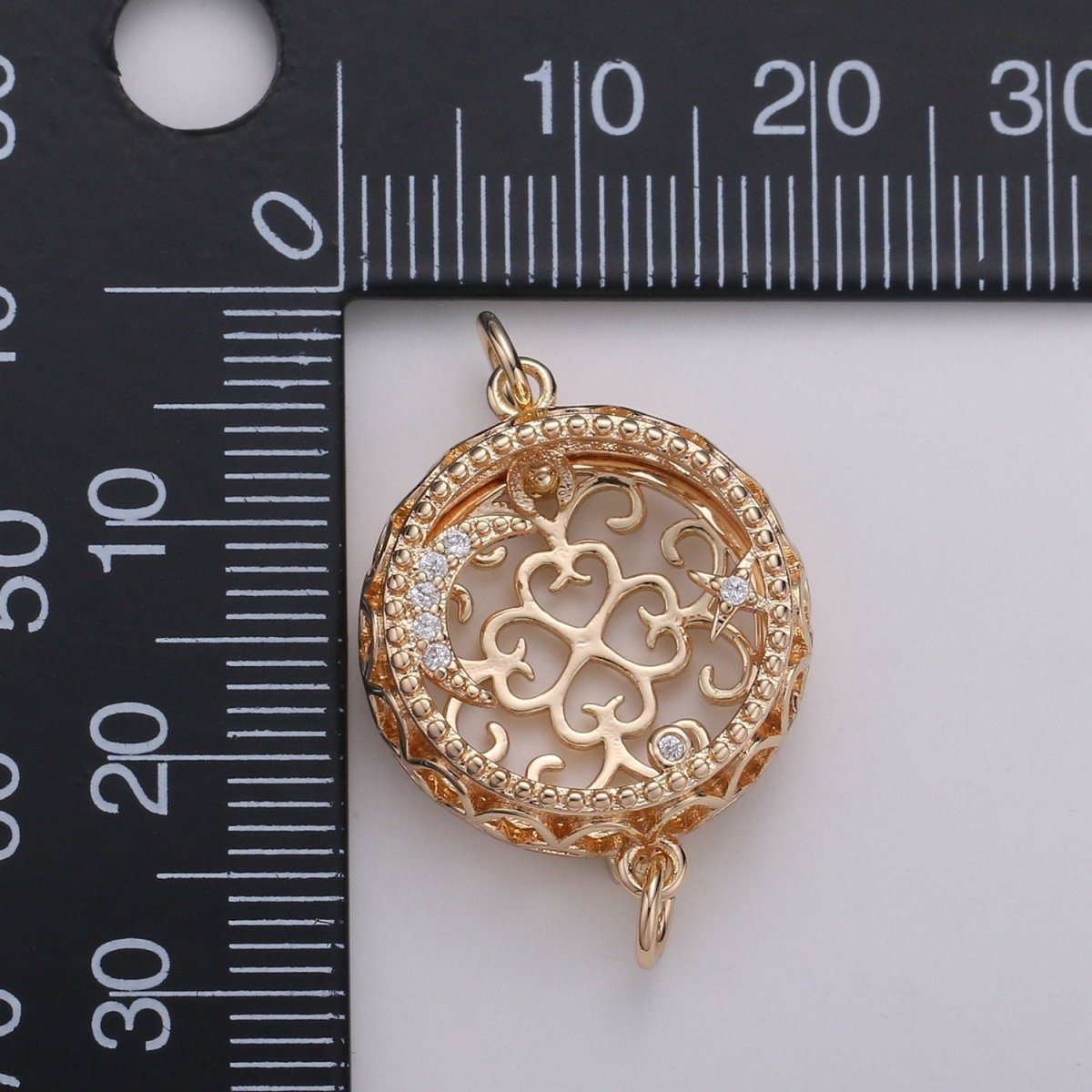 18K Filligree Essential Oil Diffuser, Cresent Moon, Star, Planet Gold Plated Micro Pave CZ Connector Micro Pave CZ Bracelet Connector F-809 - DLUXCA