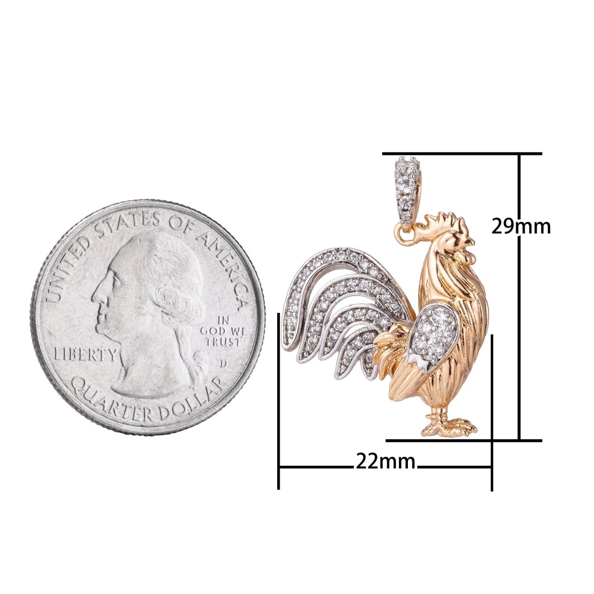 18k Gold Fill Rooster Pendant in CZ Cubic Zirconia Charm H-881 - DLUXCA