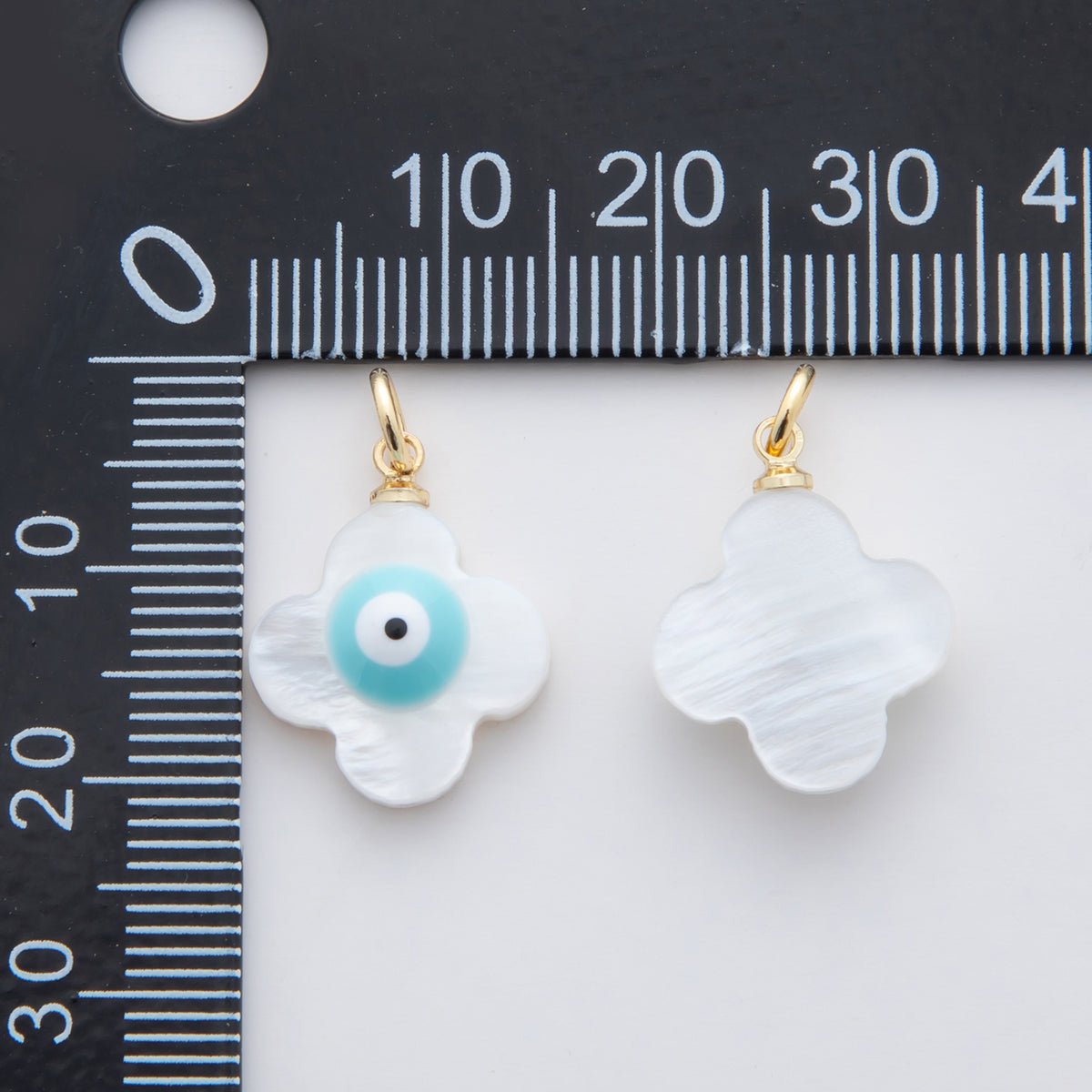 18K Gold Filled 22mm Blue Evil Eye Quatrefoil Shell Pearl Charm | AF334 - DLUXCA