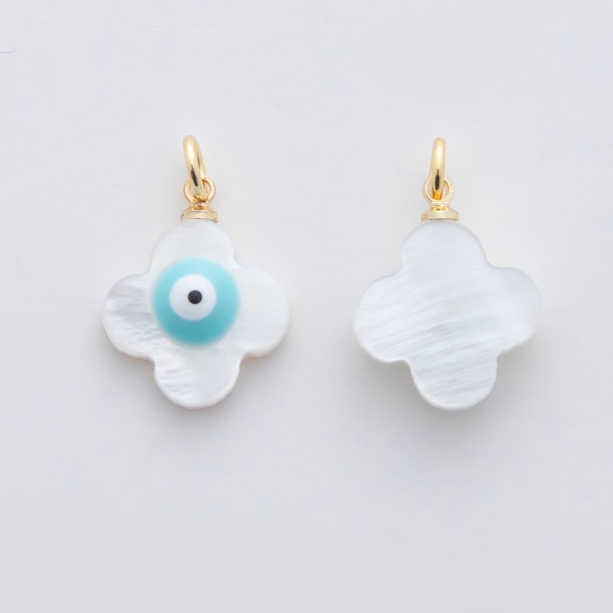 18K Gold Filled 22mm Blue Evil Eye Quatrefoil Shell Pearl Charm | AF334 - DLUXCA